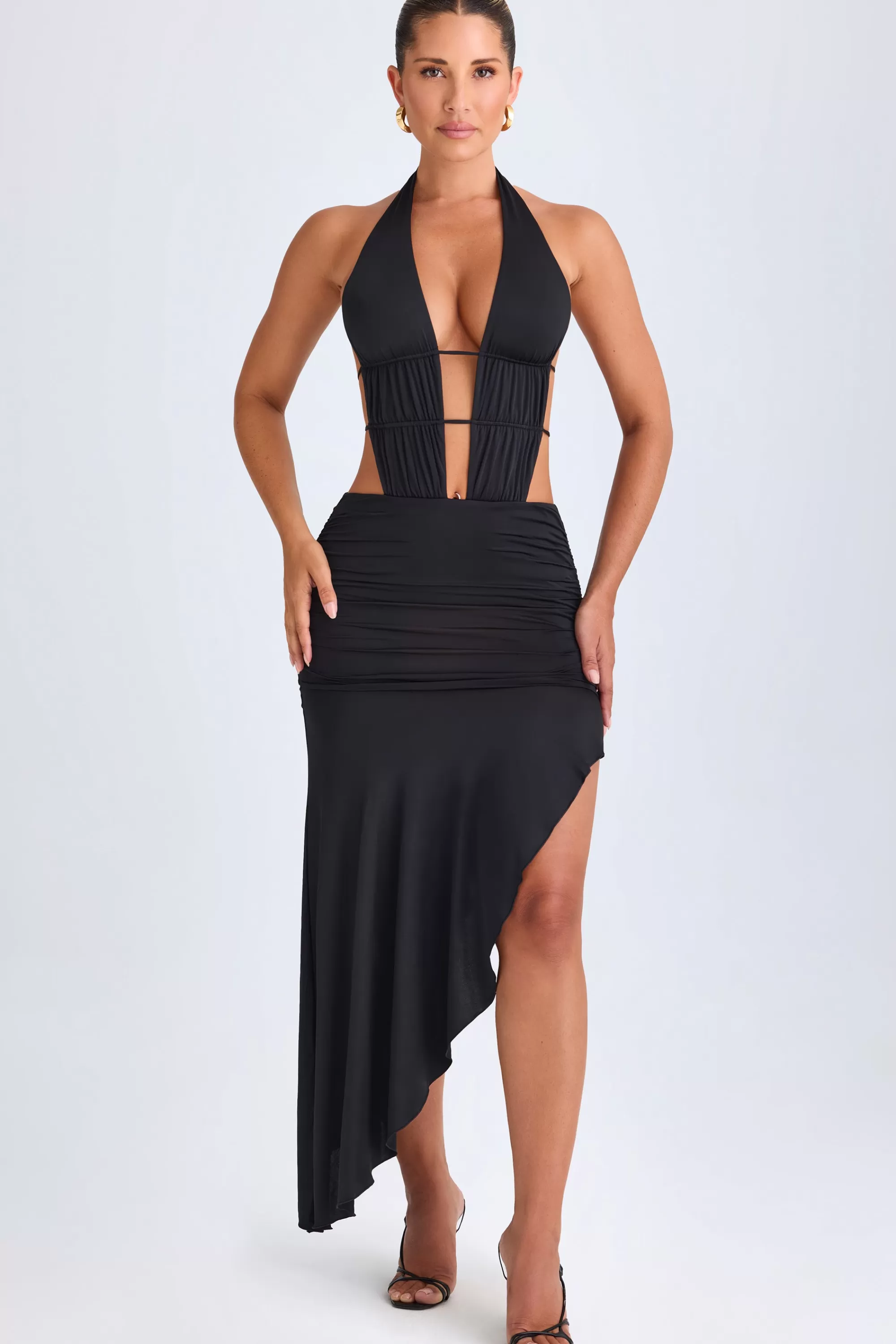 Oh Polly Asymmetric Cut-Out Halterneck Midaxi Dress In Black Clearance