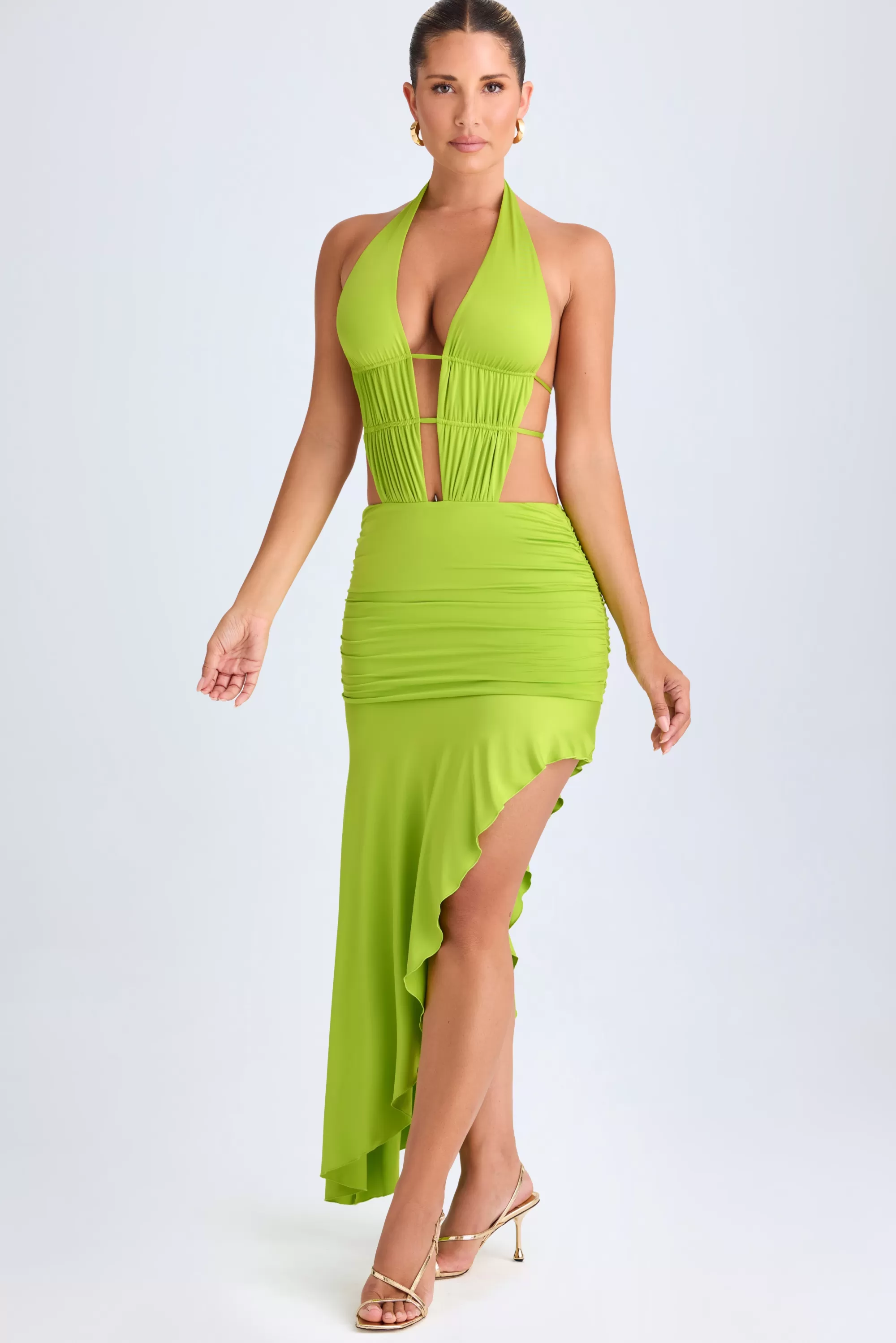 Oh Polly Asymmetric Cut-Out Halterneck Midaxi Dress In Lime Green Best Sale