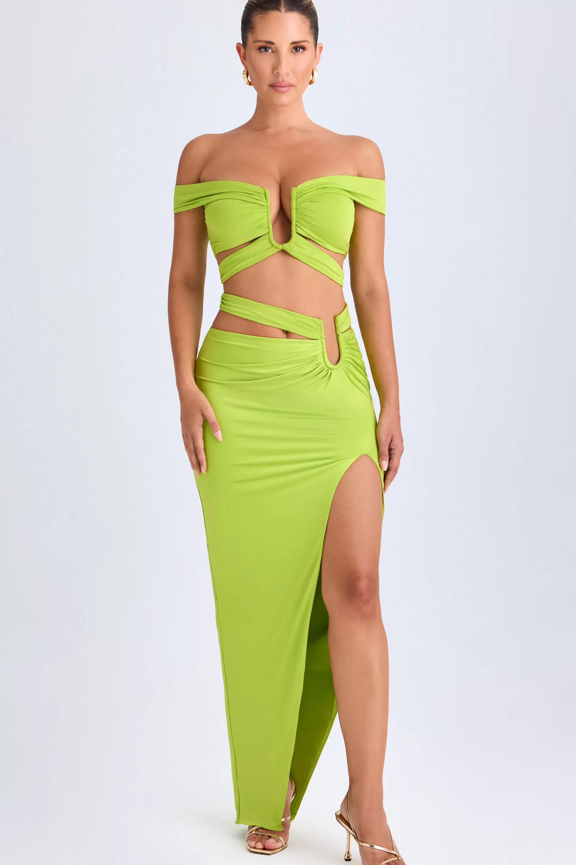 Oh Polly Asymmetric Cut-Out Maxi Skirt In Lime Green Hot