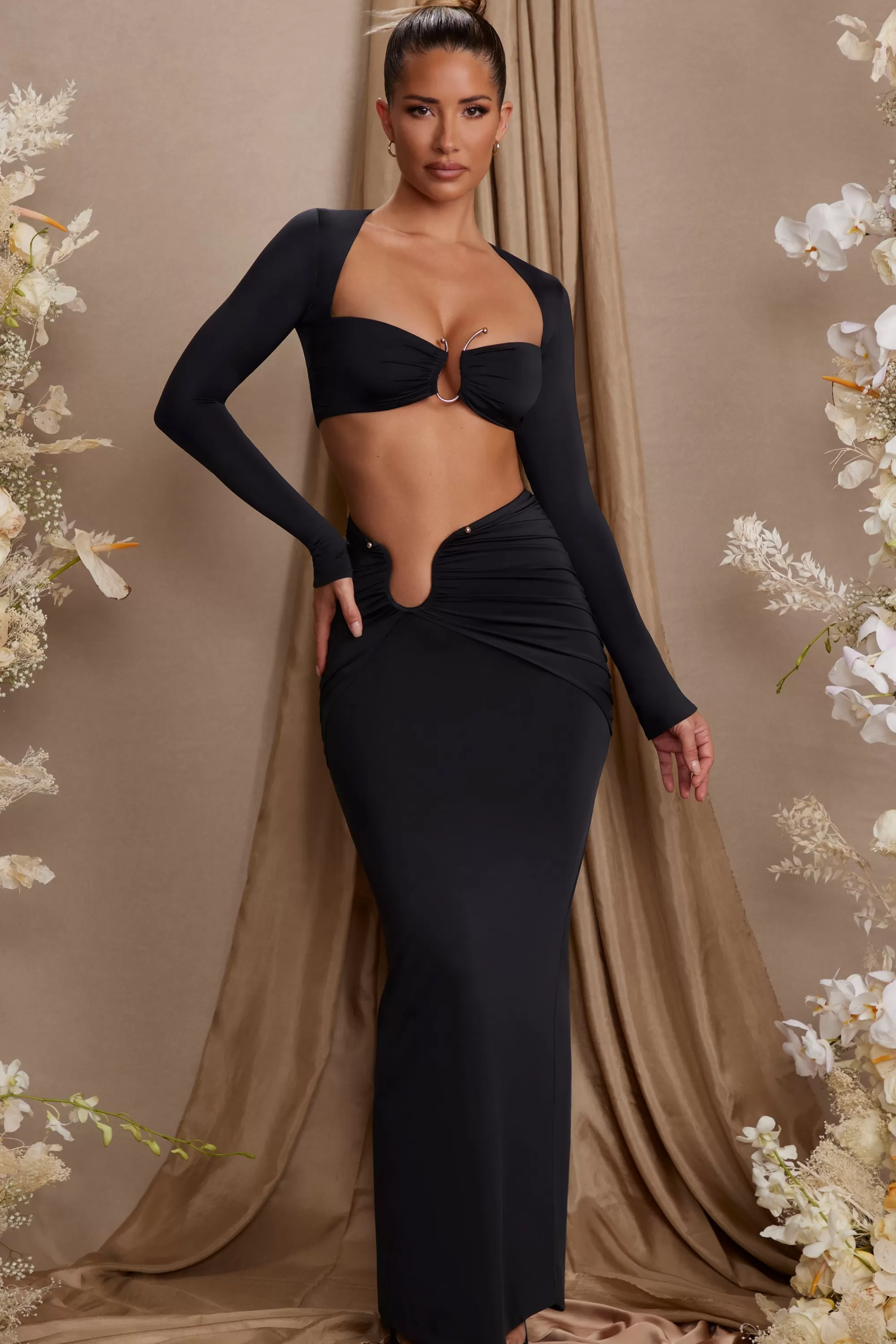 Oh Polly Asymmetric Draped Maxi Skirt In Black Shop