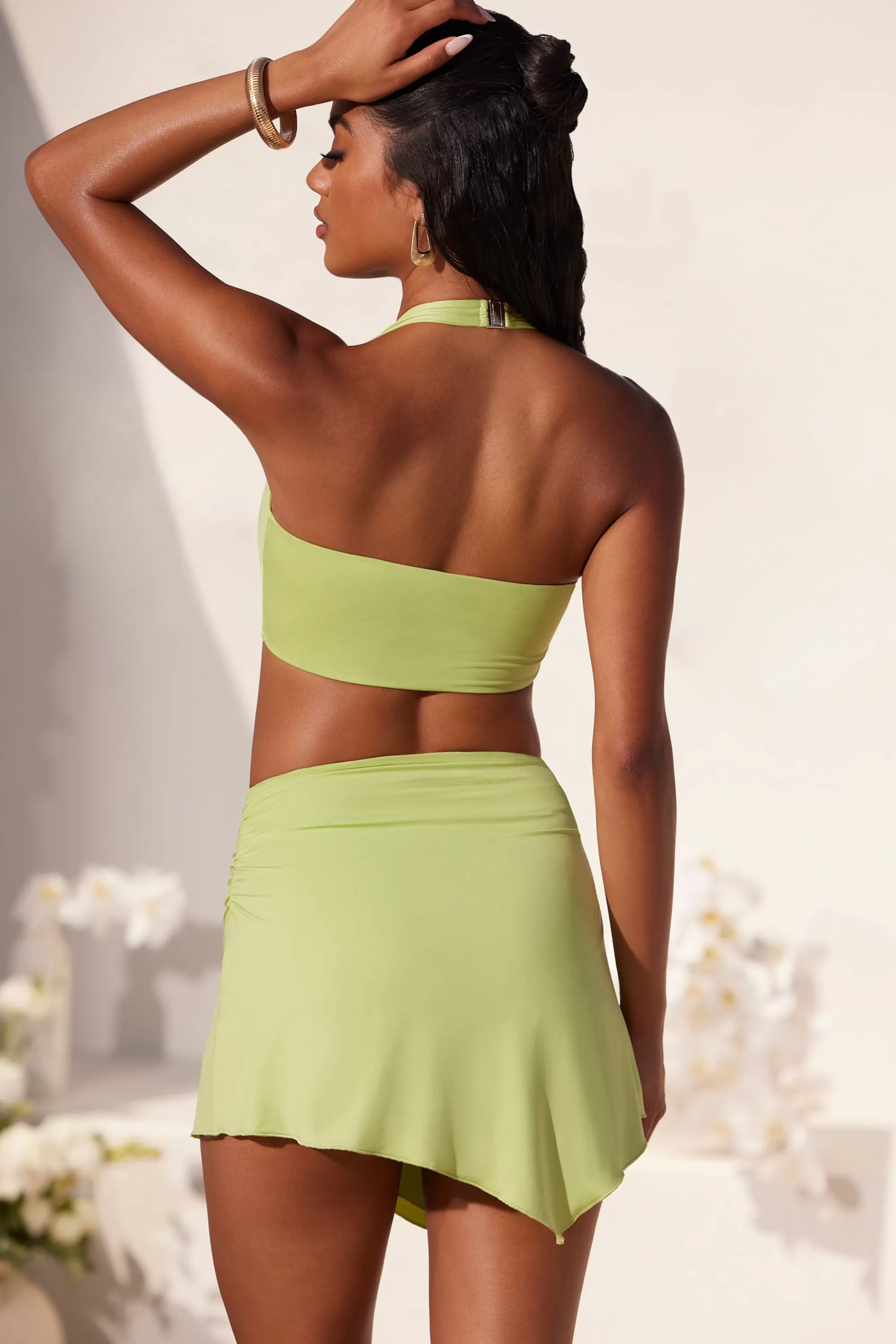 Oh Polly Asymmetric Hem Hardware Detail Mini Skirt In Lime Green Clearance