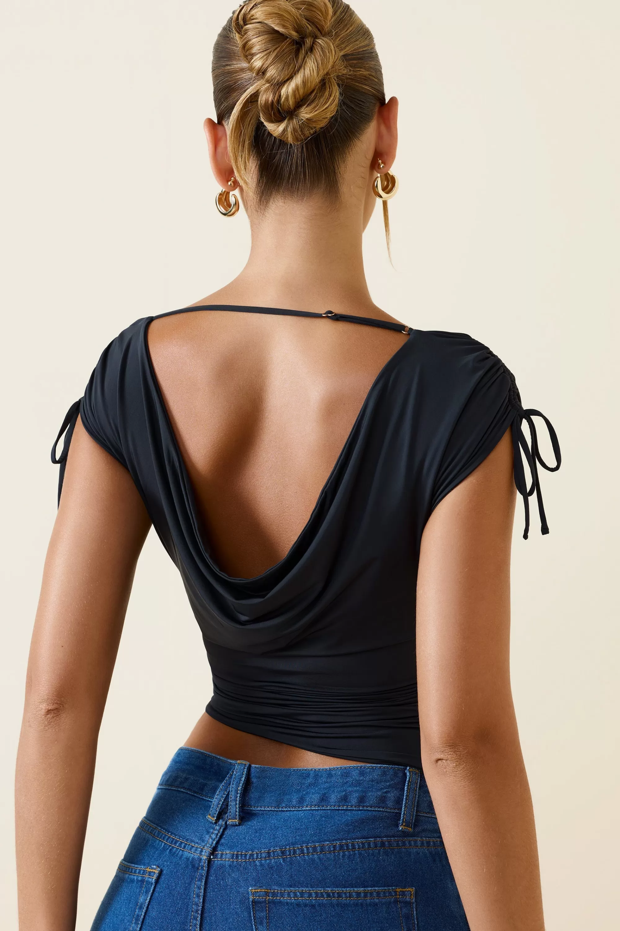 Oh Polly Asymmetric Ruched Cowl-Back Crop Top In Black Best