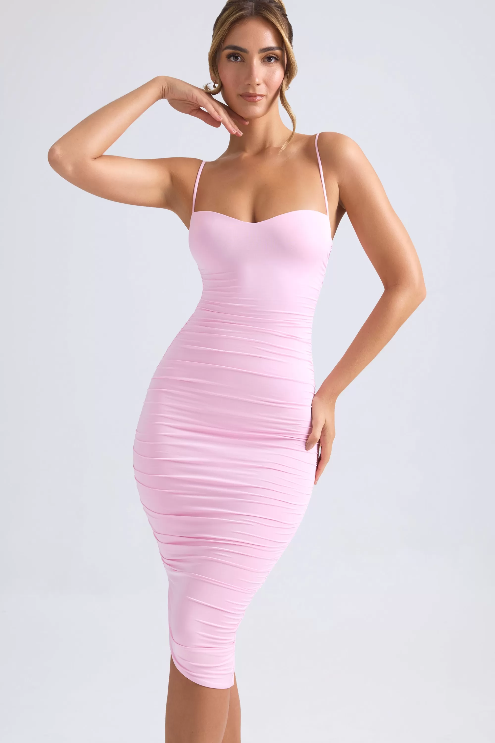 Oh Polly Asymmetric Ruched Midi Dress In Light Pink Flash Sale