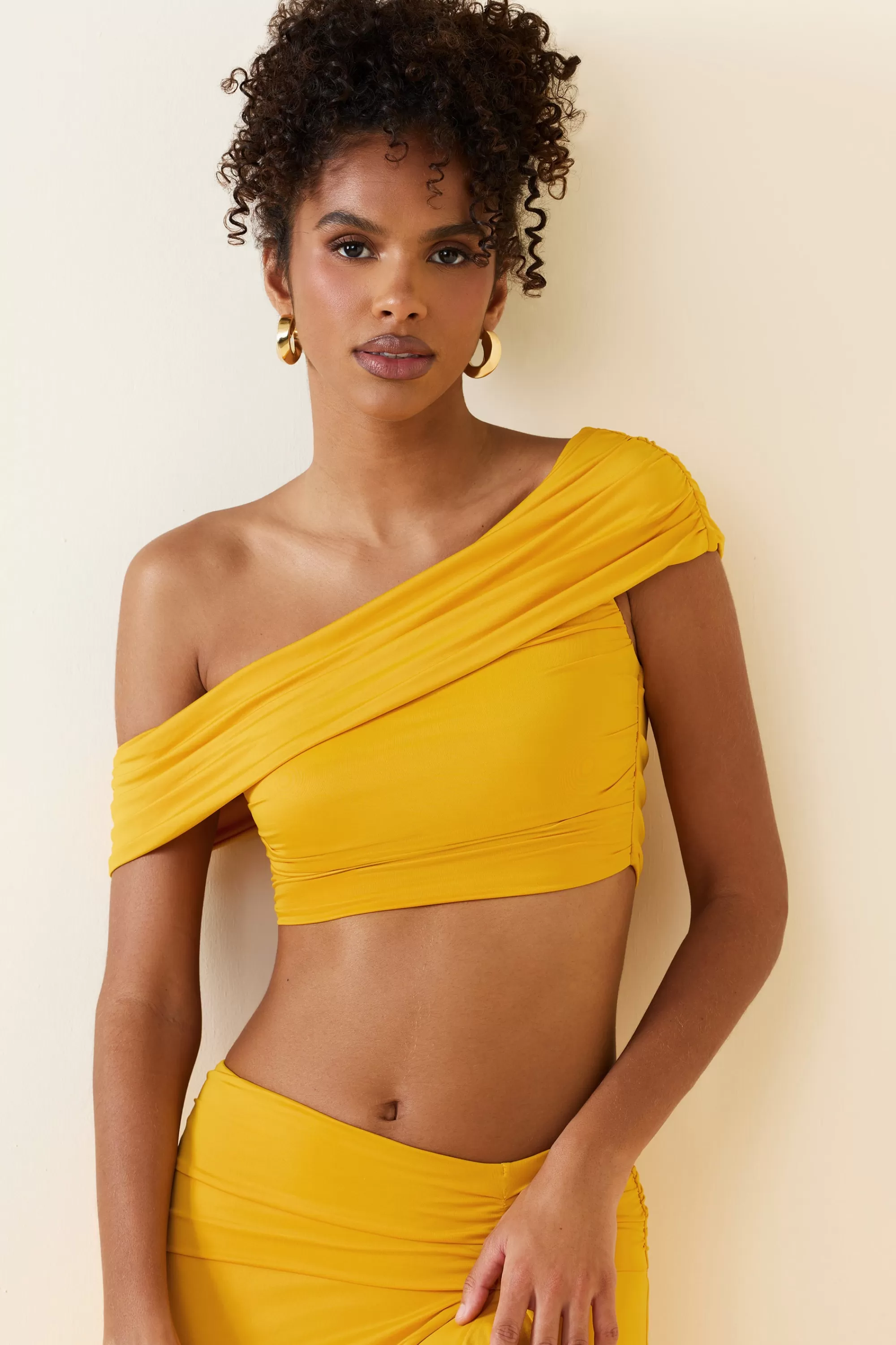 Oh Polly Asymmetric Ruched Off-Shoulder Crop Top In Golden Yellow New