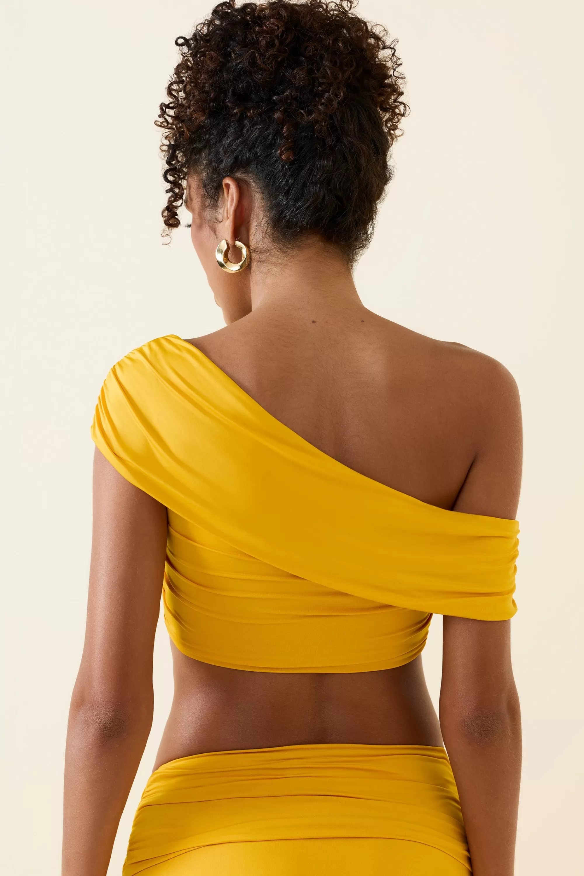 Oh Polly Asymmetric Ruched Off-Shoulder Crop Top In Golden Yellow New