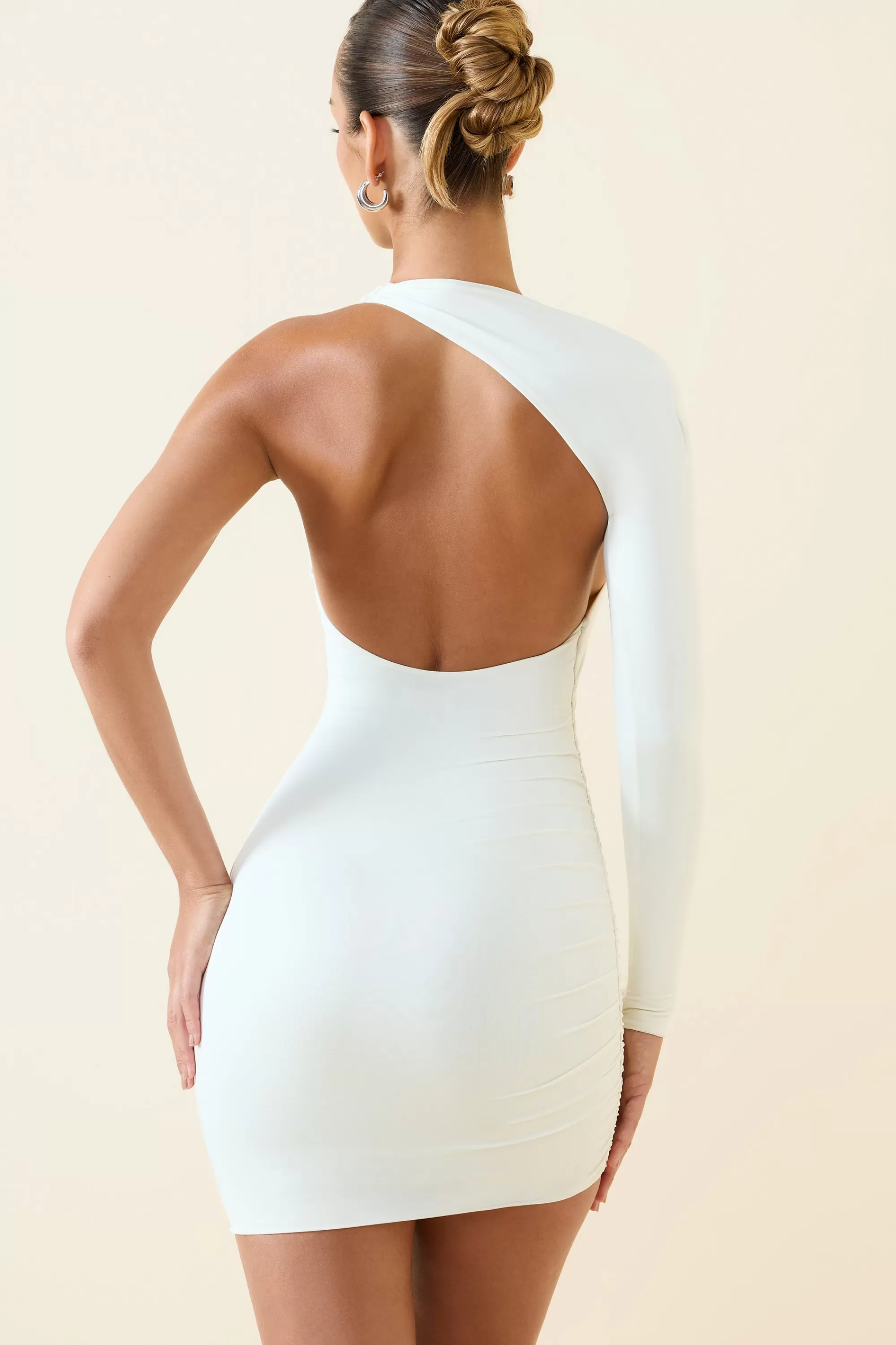 Oh Polly Asymmetric Ruched Open-Back Mini Dress In Vanilla Fashion