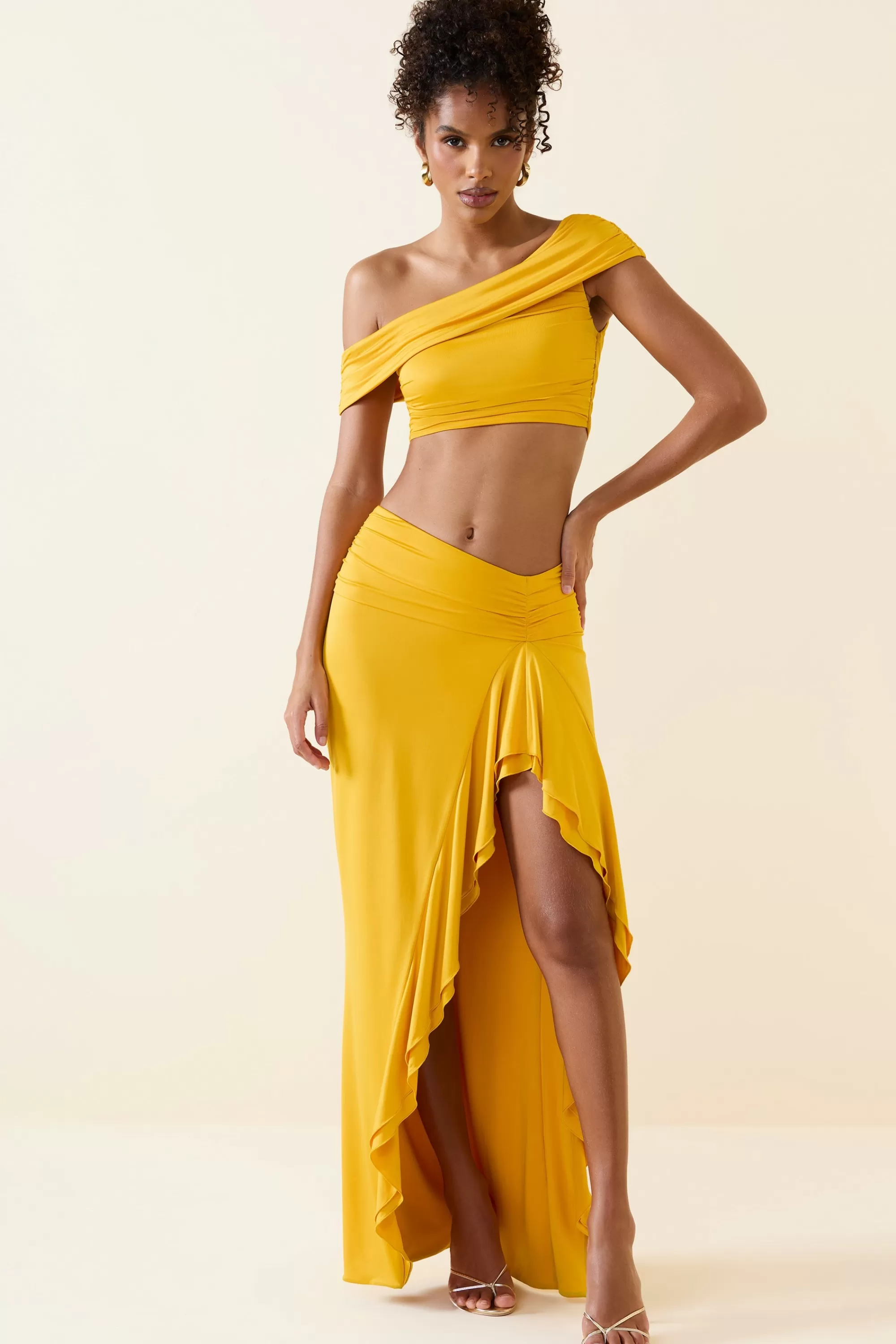 Oh Polly Asymmetric Ruffled Low-Rise Maxi Skirt In Golden Yellow Store