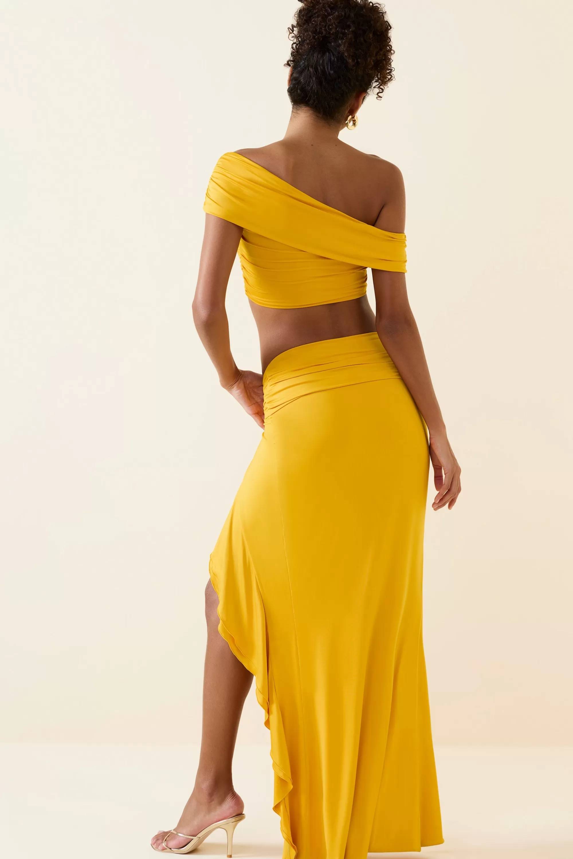 Oh Polly Asymmetric Ruffled Low-Rise Maxi Skirt In Golden Yellow Store