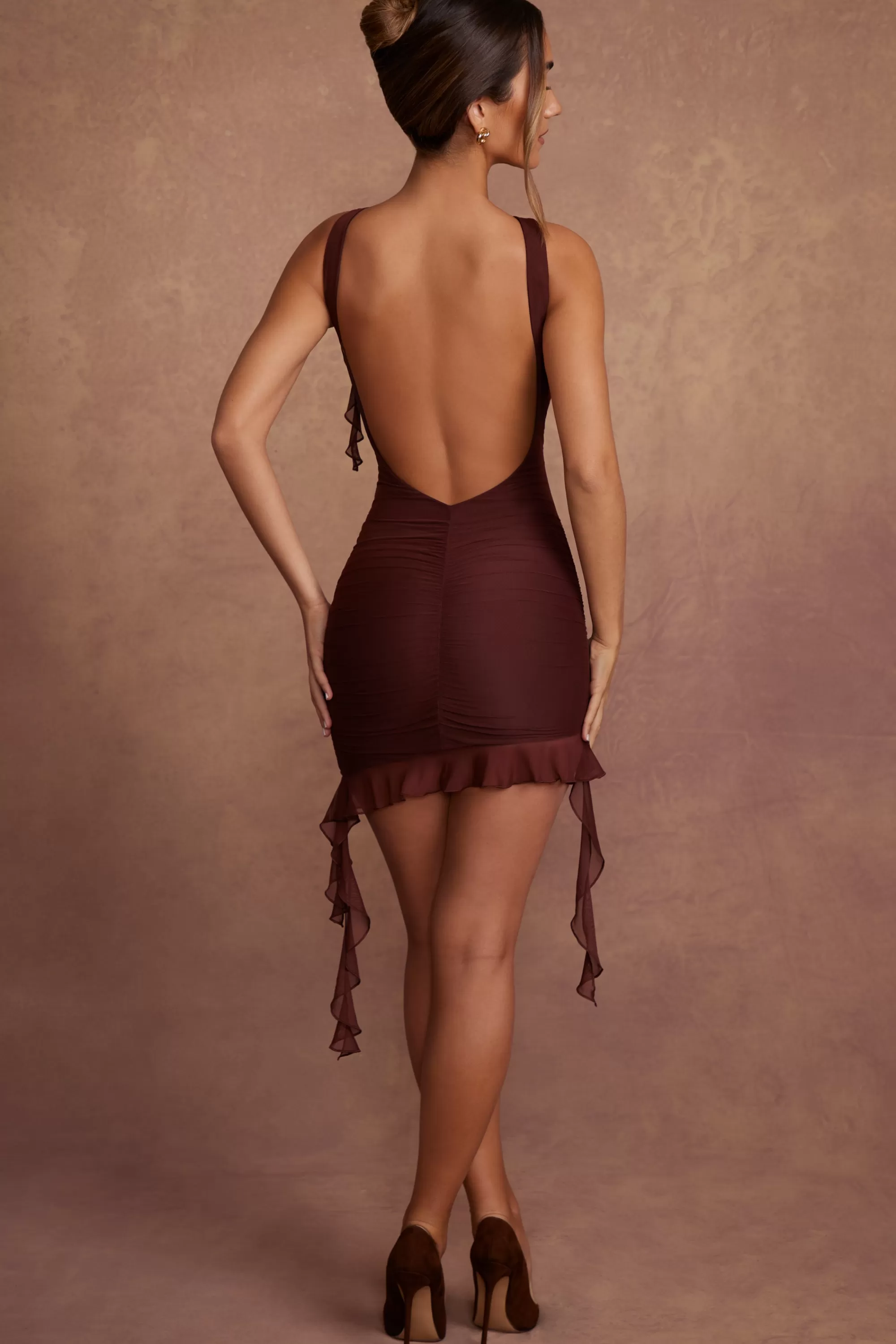 Oh Polly Backless Ruffle Detailing Mini Dress In Brown Best