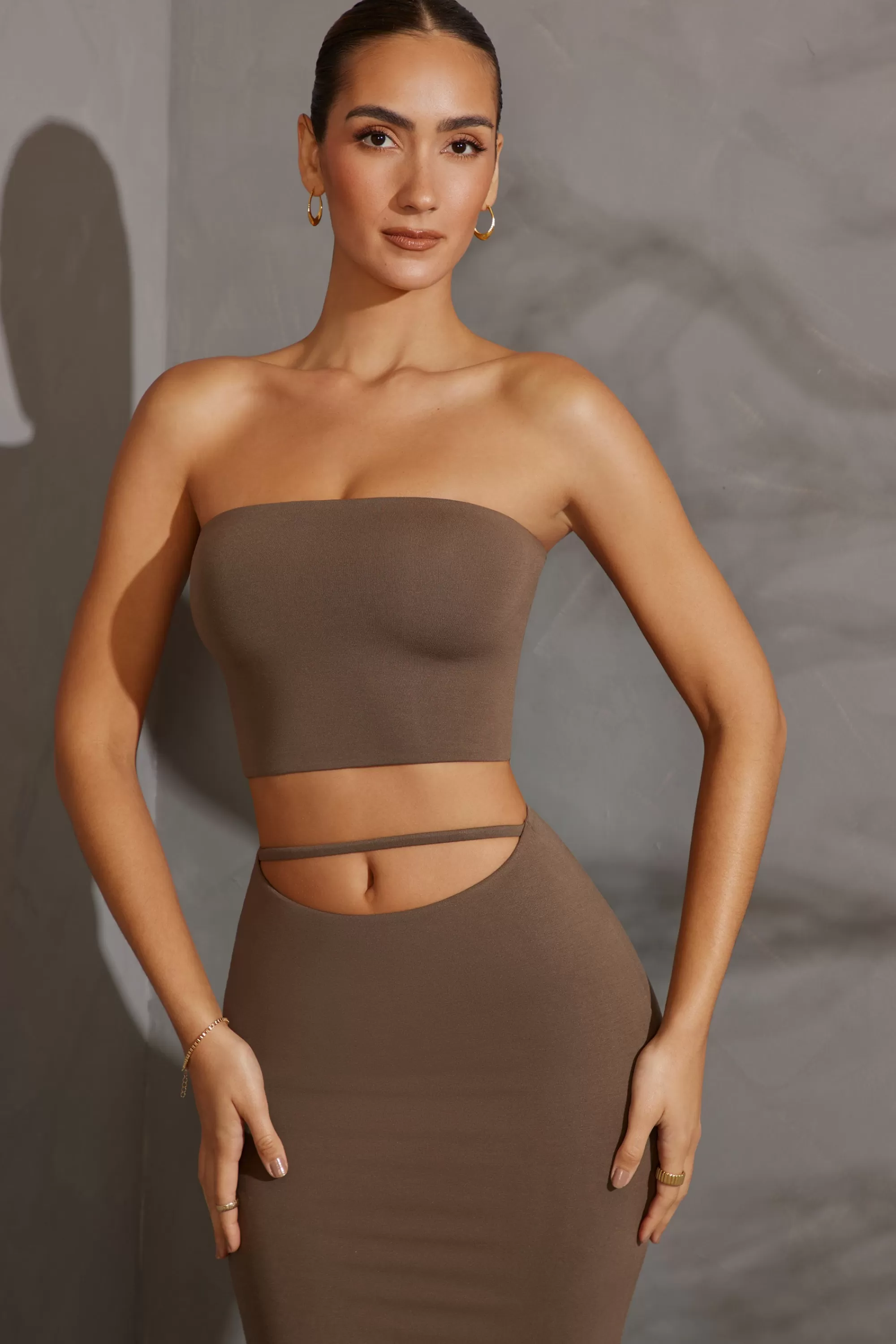 Oh Polly Bandeau Crop Top In Taupe Sale