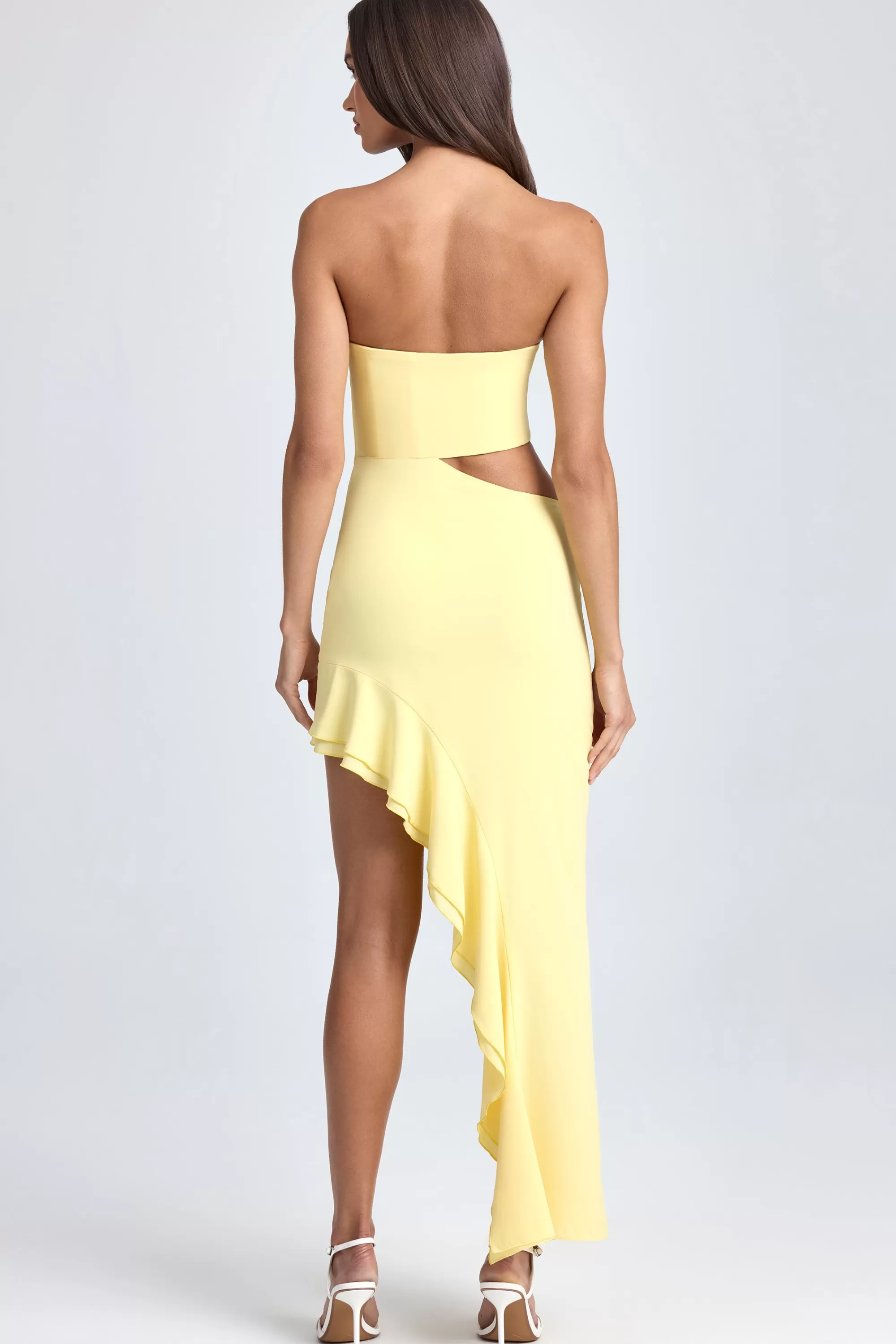 Oh Polly Bandeau Cut-Out Ruffle-Trim Maxi Dress In Lemon Sherbet Flash Sale