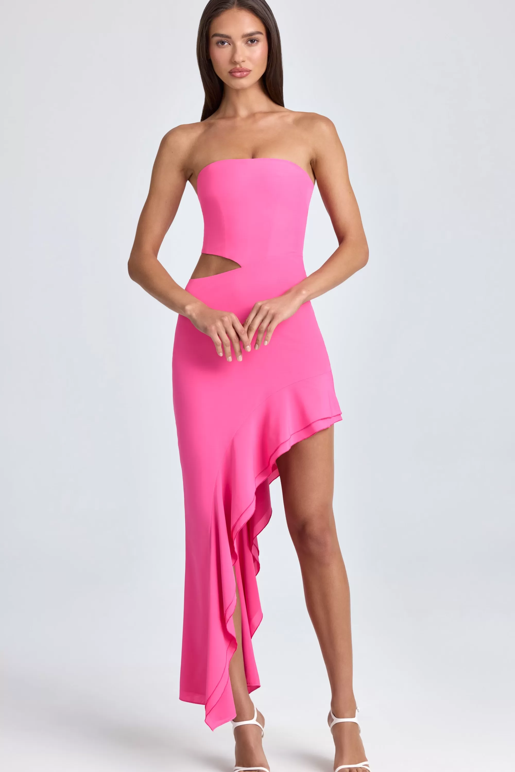 Oh Polly Bandeau Cut-Out Ruffle-Trim Maxi Dress In Lollipop Pink Discount