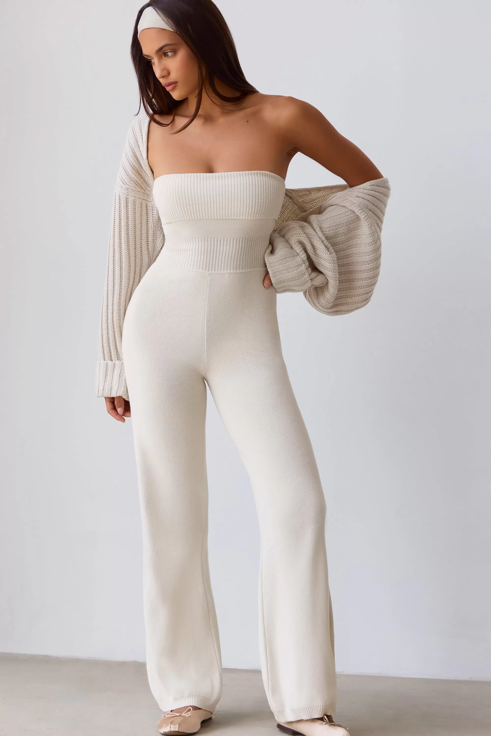 Oh Polly Bandeau Kick Flare Chunky Knit Jumpsuit In Cream Fashion