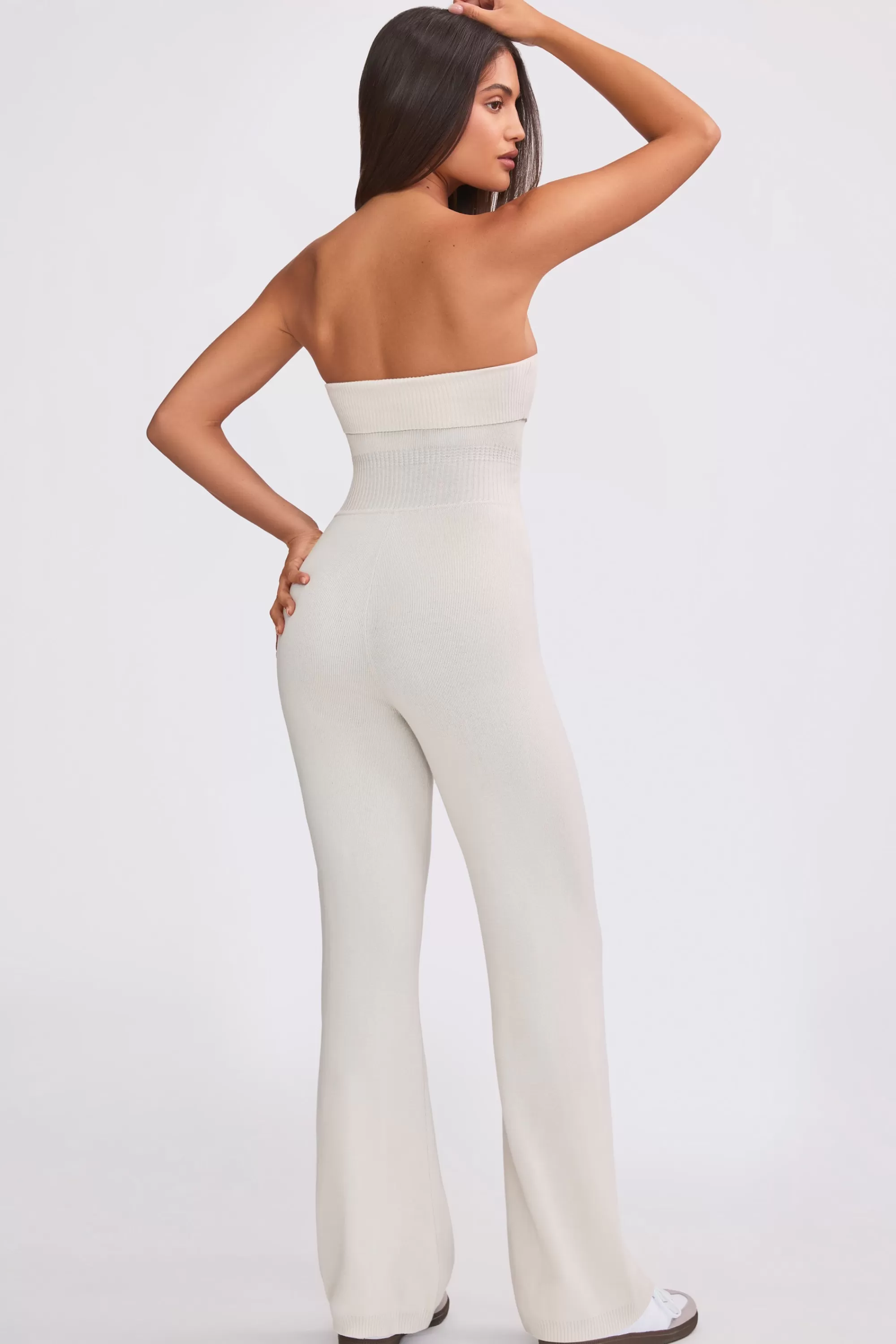 Oh Polly Bandeau Kick Flare Chunky Knit Jumpsuit In Cream Fashion