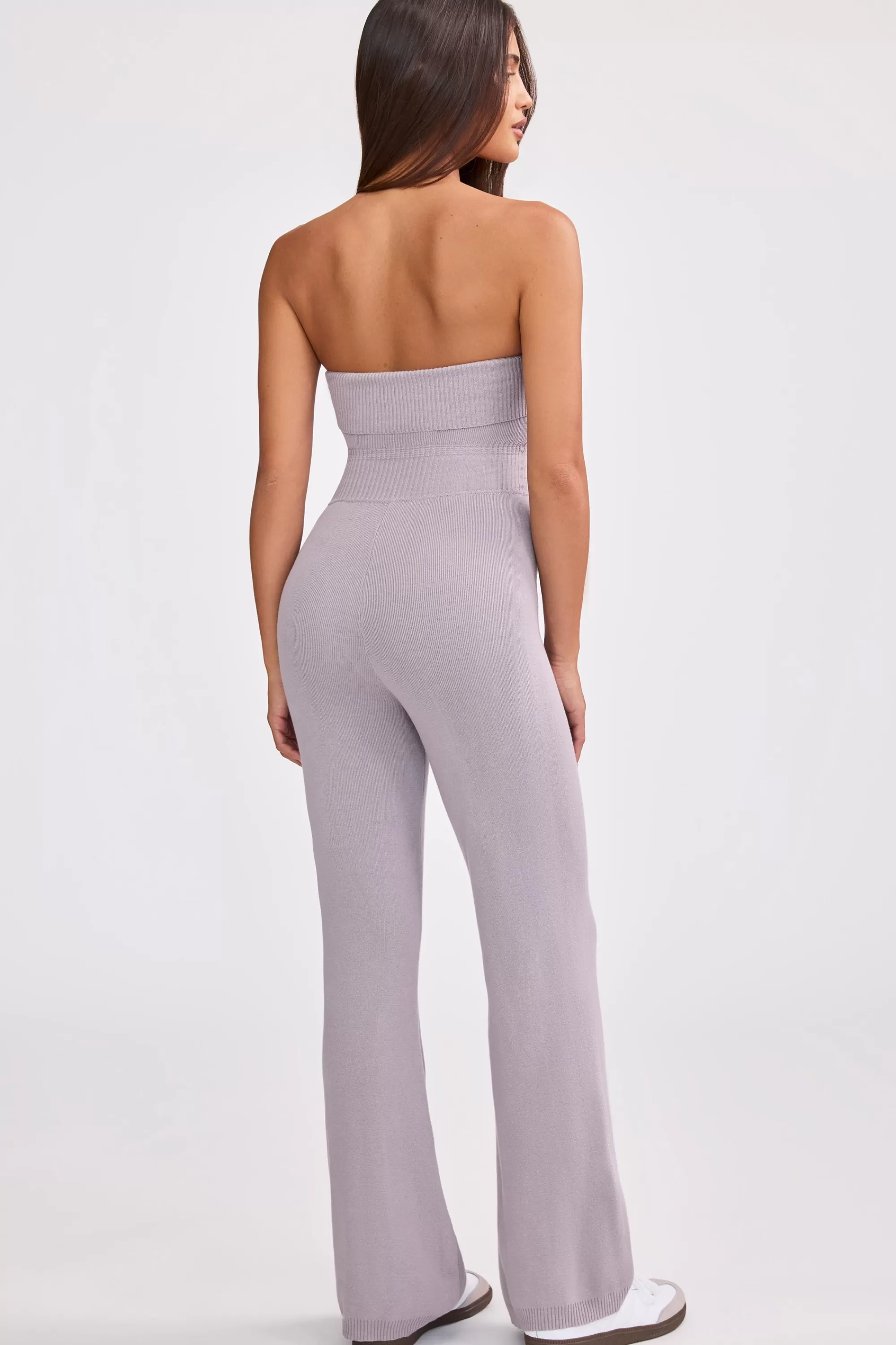 Oh Polly Bandeau Kick Flare Chunky Knit Jumpsuit In Dusty Lavender Fashion