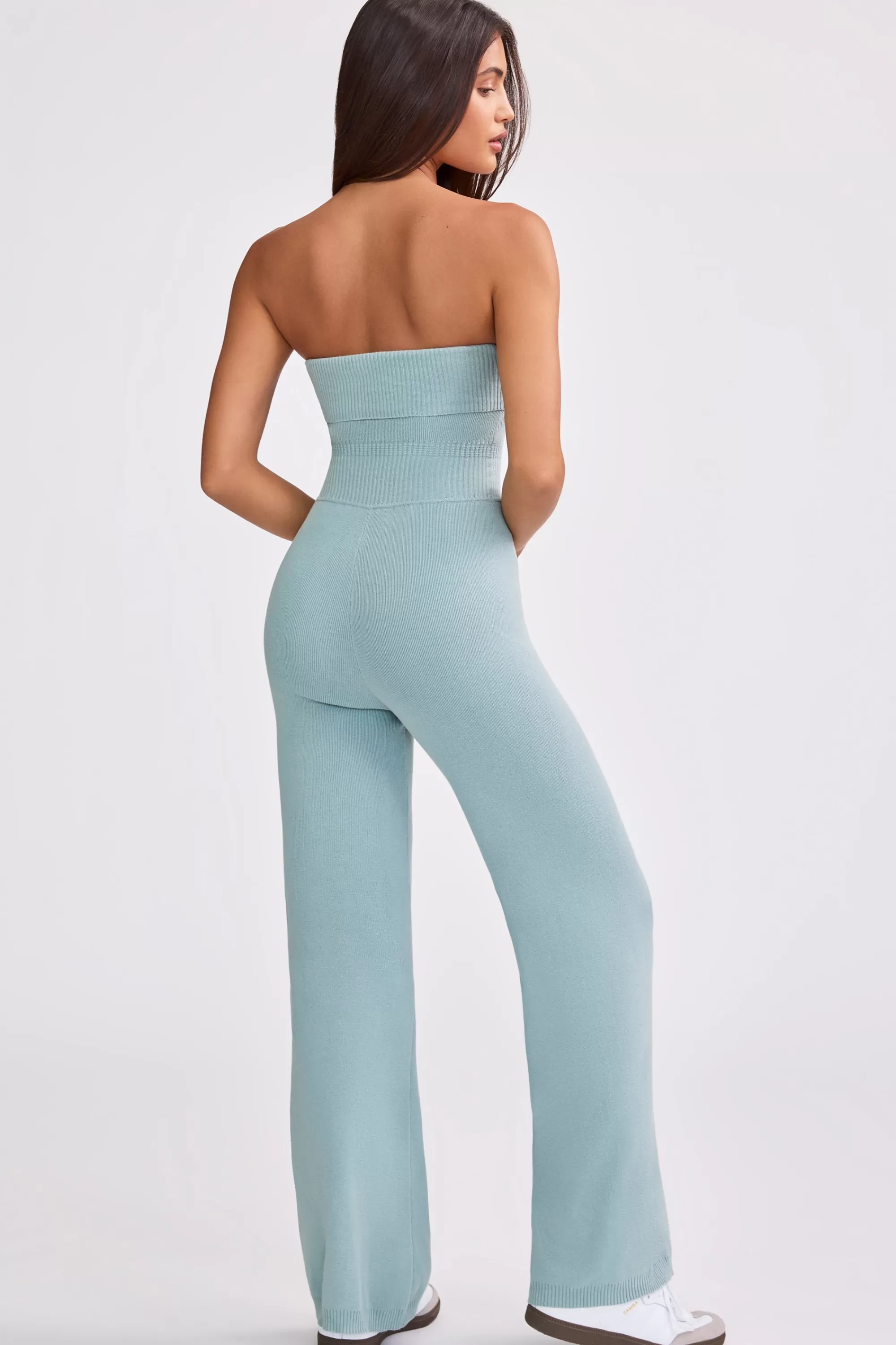 Oh Polly Bandeau Kick Flare Chunky Knit Jumpsuit In Dusty Teal Store