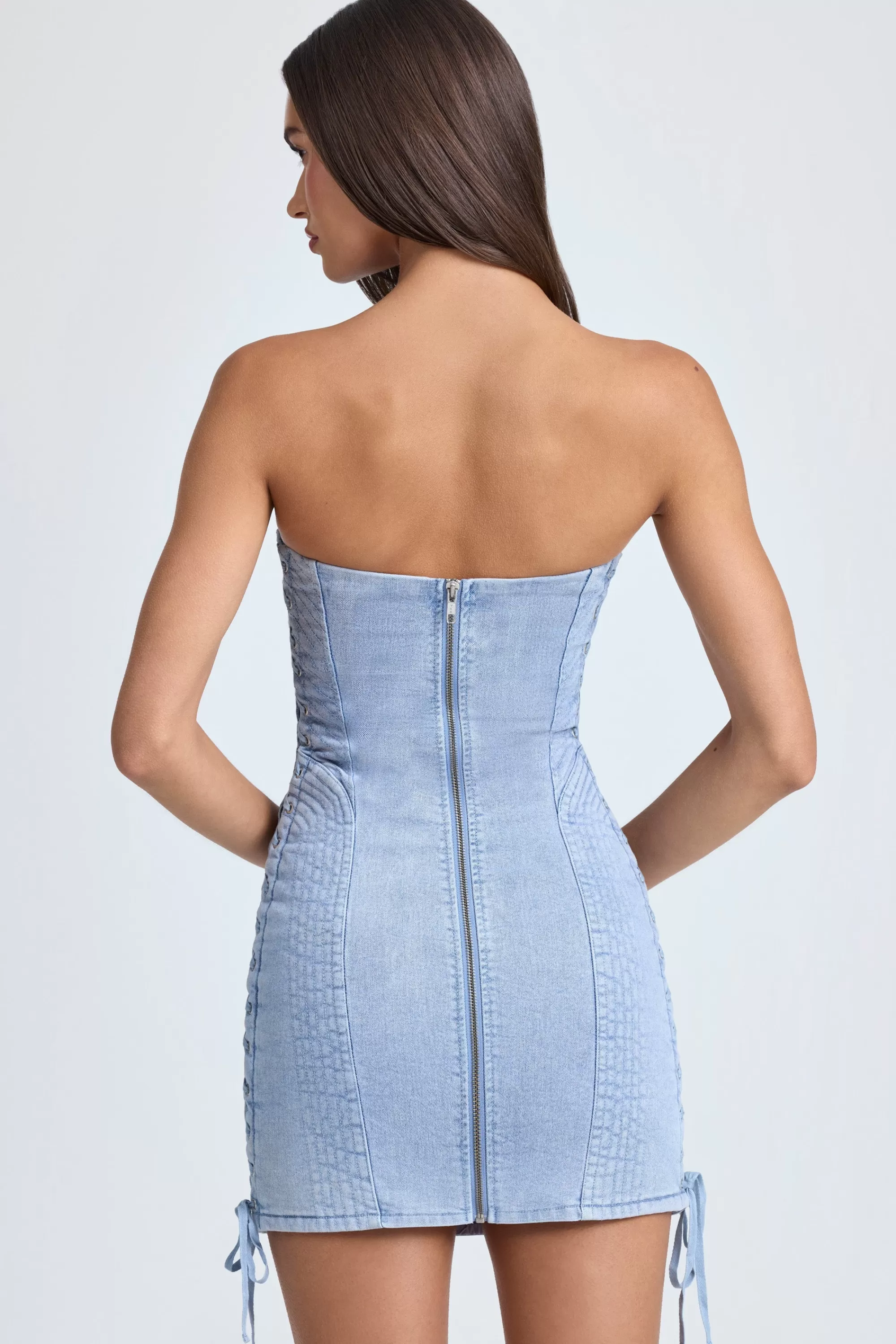 Oh Polly Bandeau Lace-Up Mini Dress In Light Blue Stonewash Online