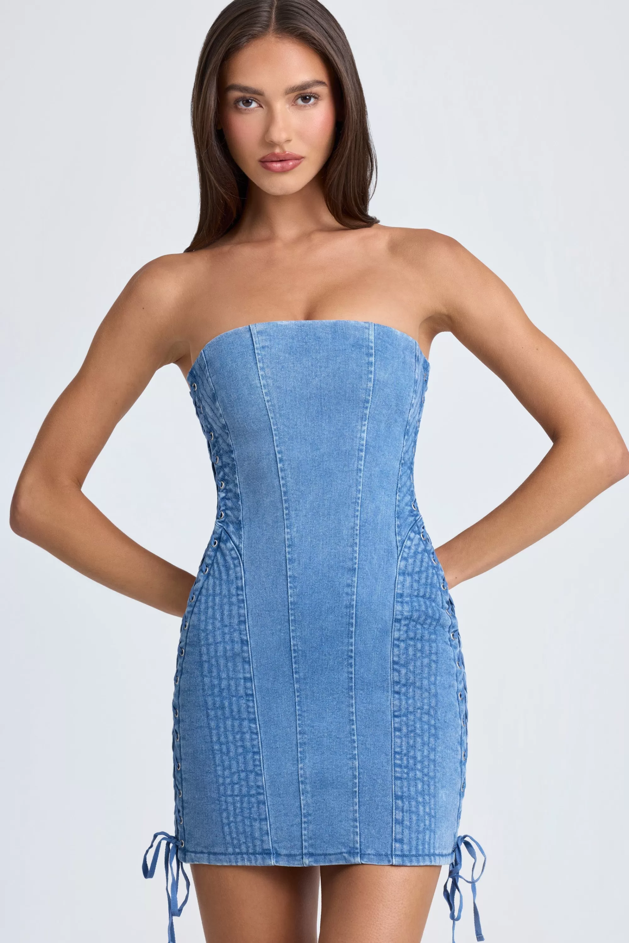 Oh Polly Bandeau Lace-Up Mini Dress In Mid Blue Stonewash Best