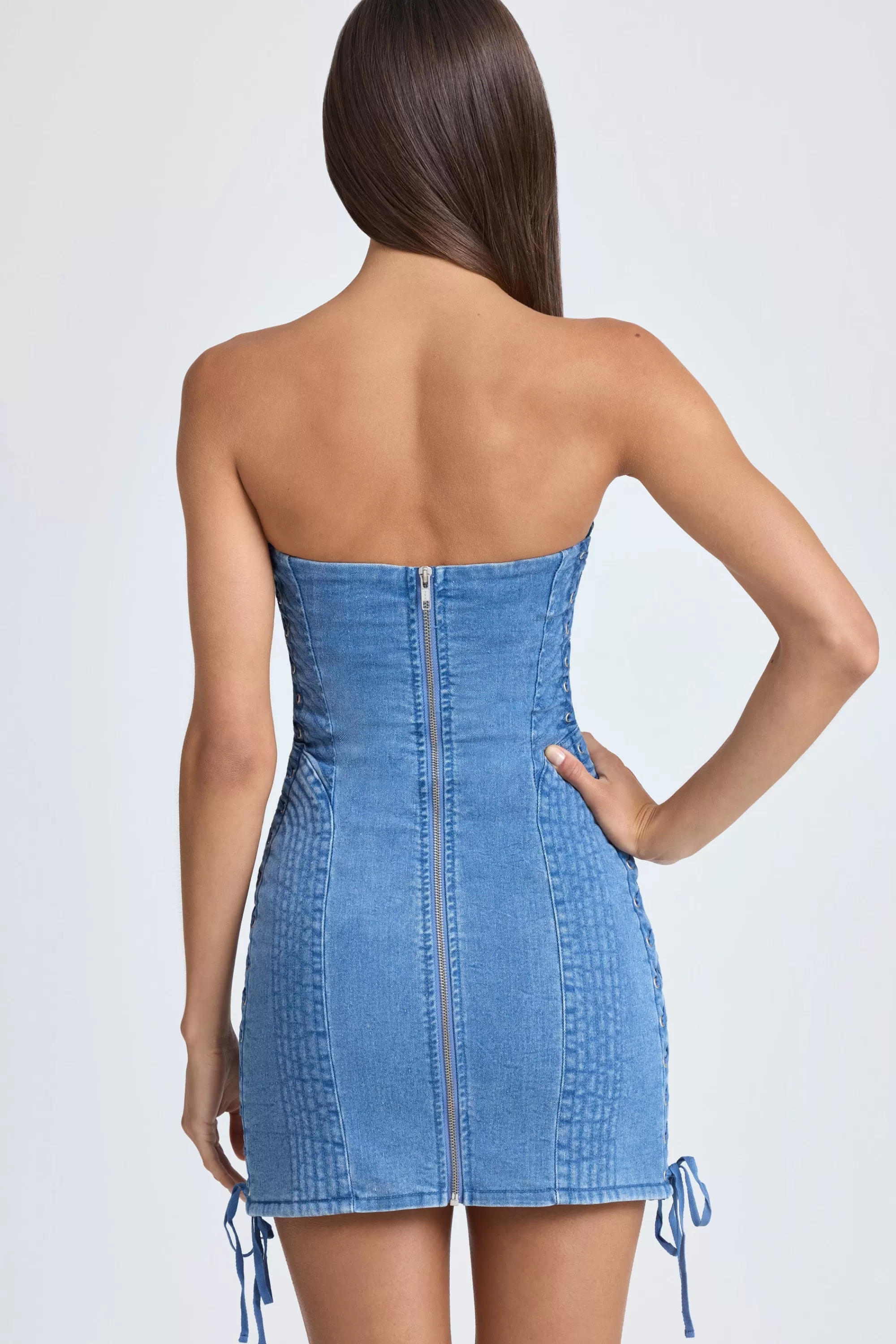 Oh Polly Bandeau Lace-Up Mini Dress In Mid Blue Stonewash Best