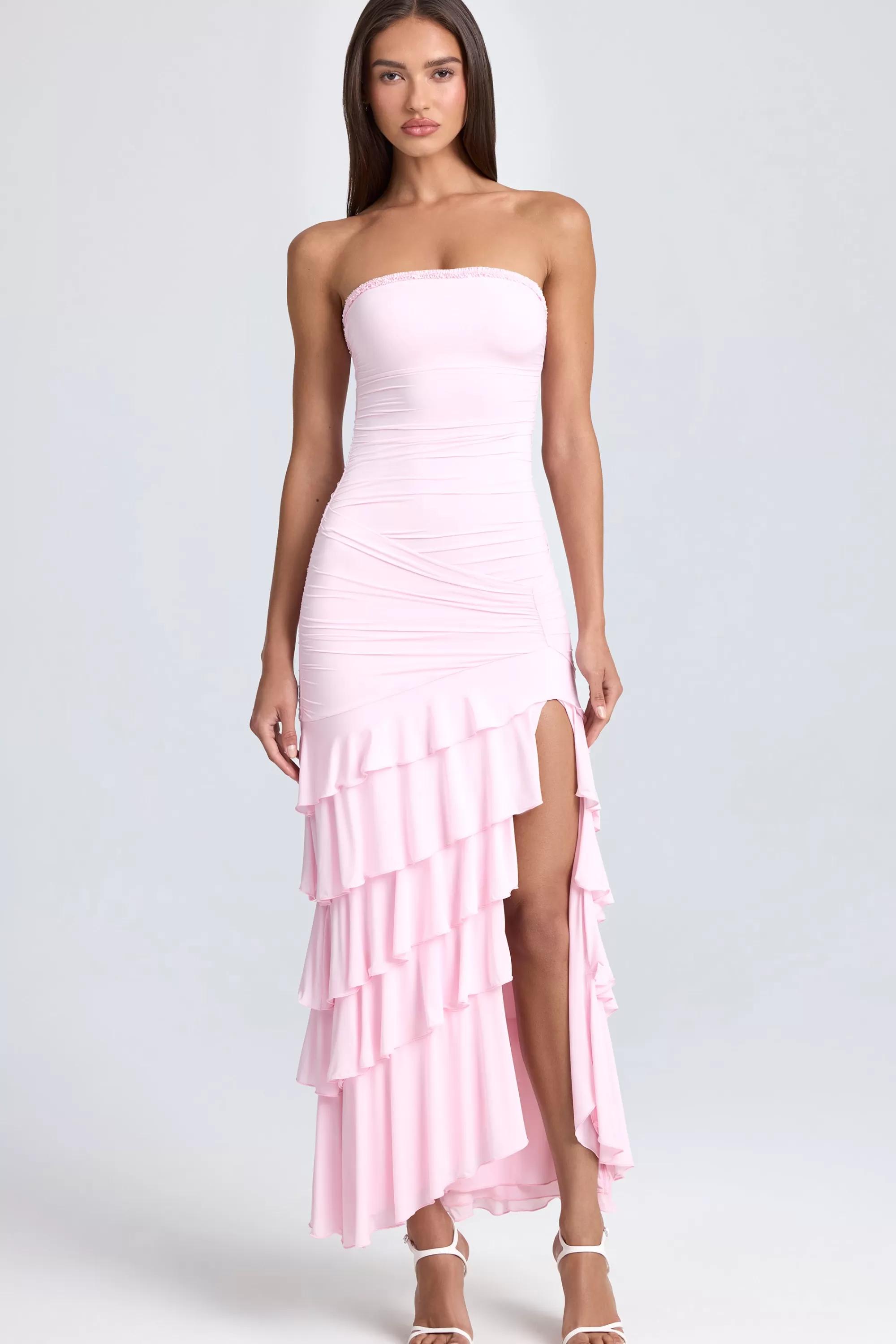 Oh Polly Bandeau Ruched Ruffle-Trim Maxi Dress In Blush Flash Sale