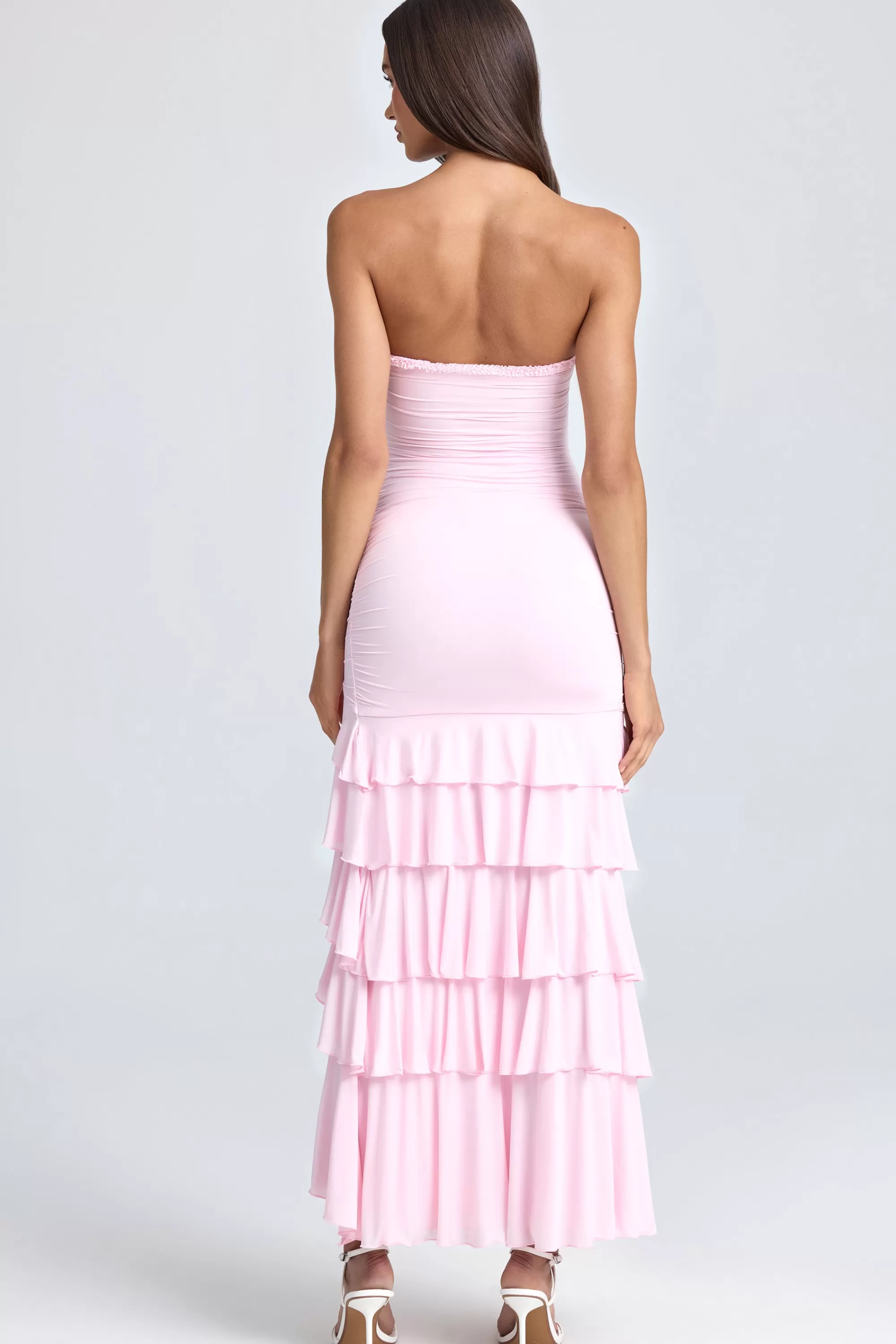 Oh Polly Bandeau Ruched Ruffle-Trim Maxi Dress In Blush Flash Sale