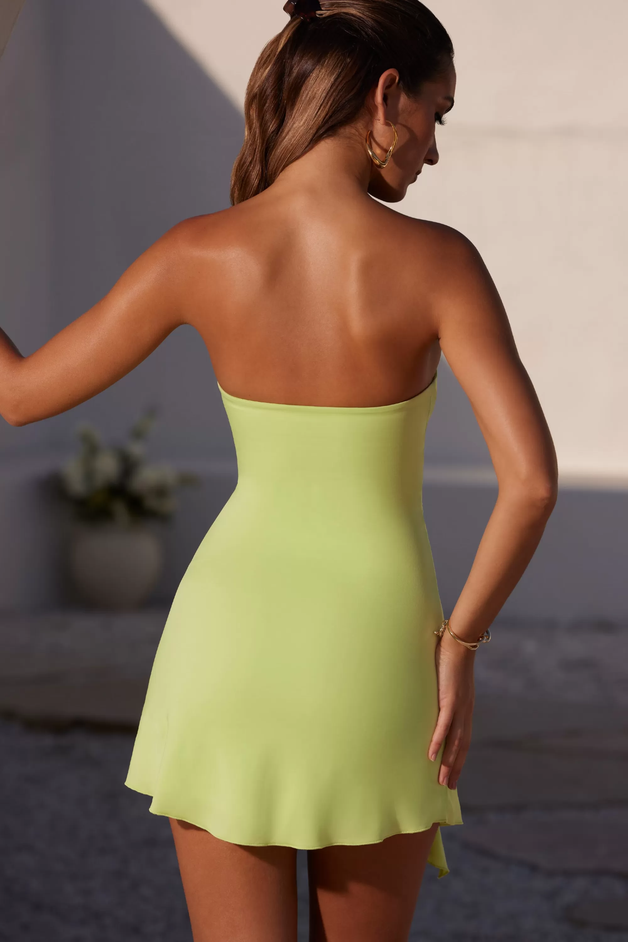 Oh Polly Bandeau Ruched Split Mini Dress In Lime Green Sale