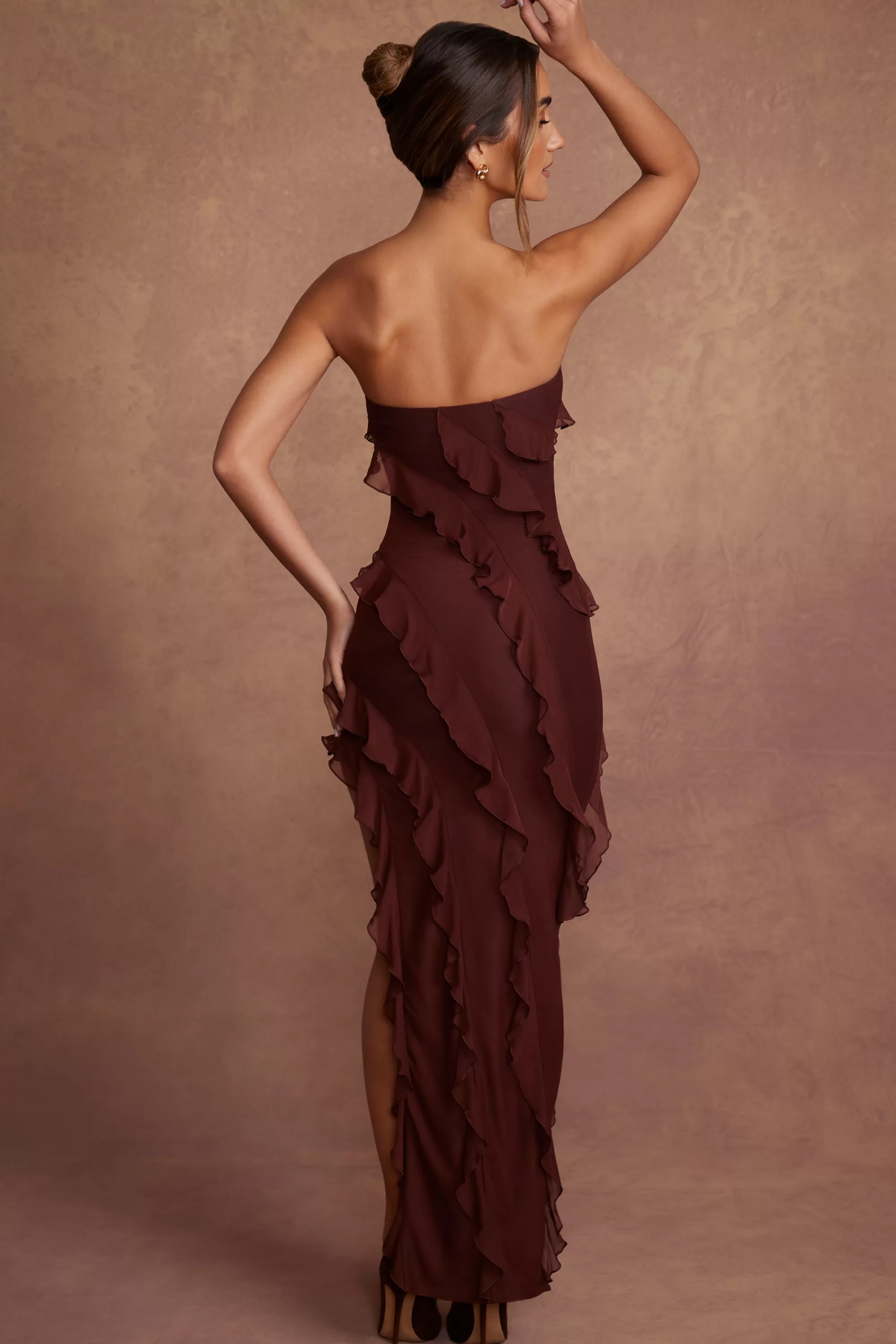 Oh Polly Bandeau Ruffle Detail Maxi Dress In Brown Best