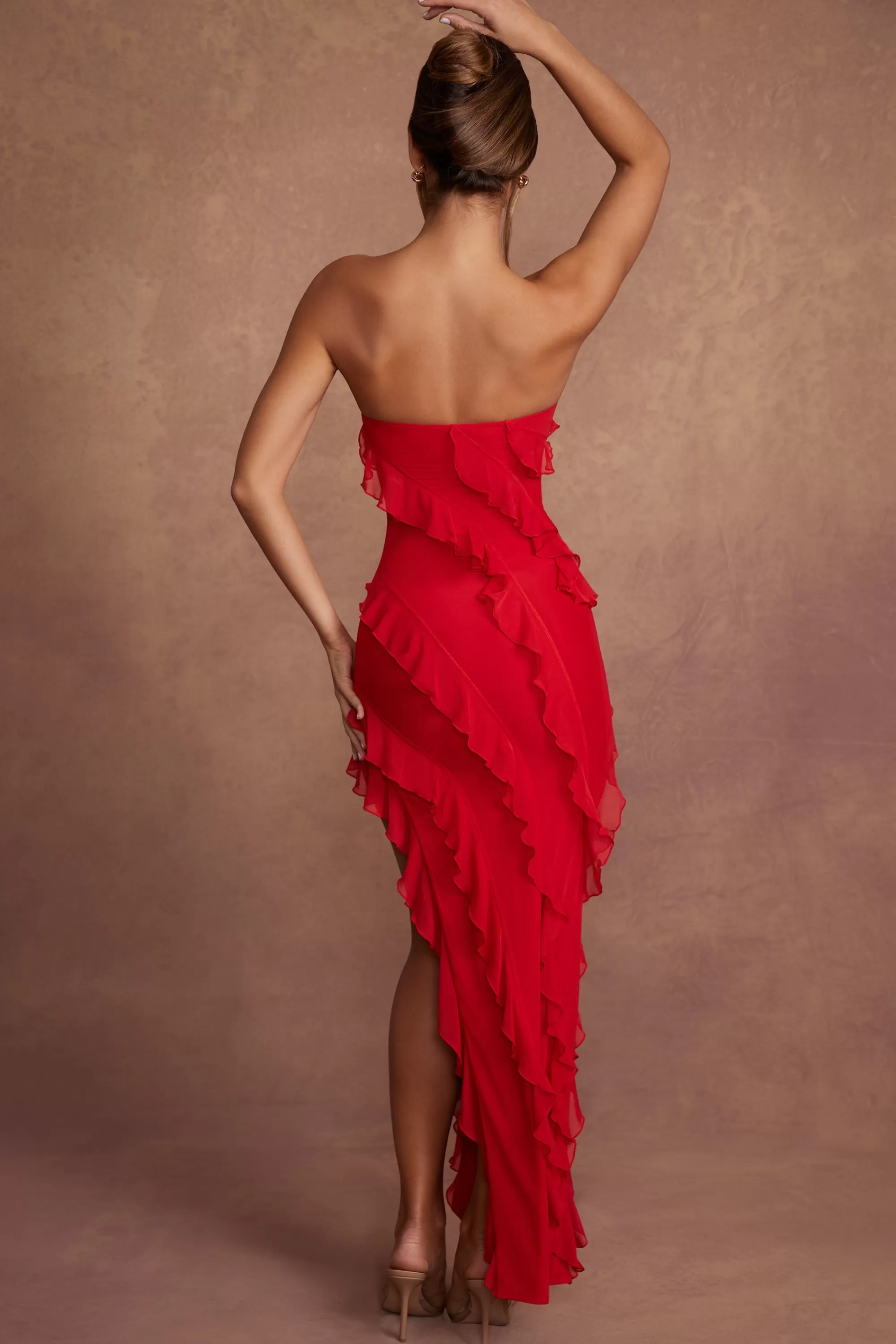 Oh Polly Bandeau Ruffle Detail Maxi Dress In Red Fashion