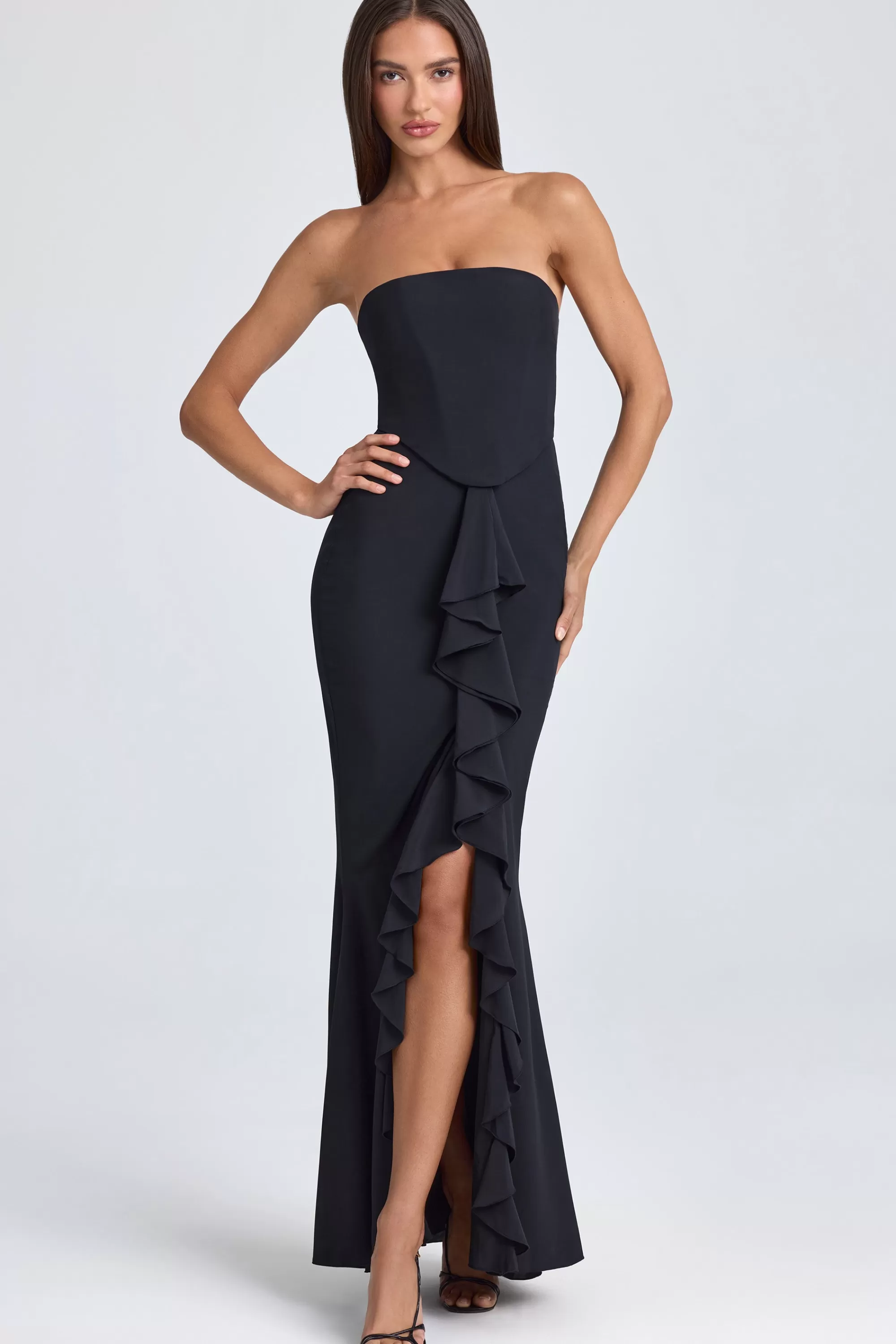 Oh Polly Bandeau Ruffle-Trim Corset Gown In Black Outlet