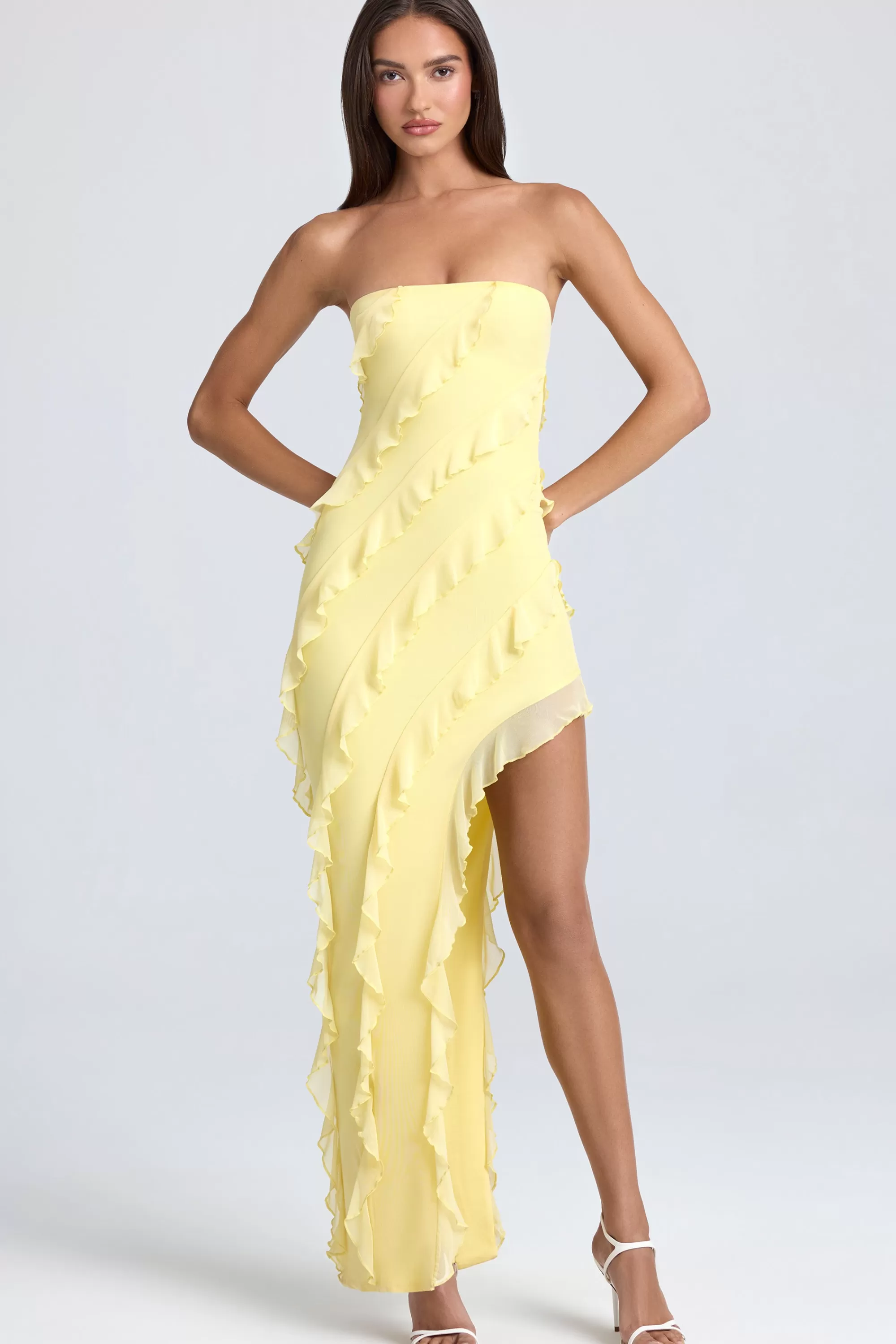 Oh Polly Bandeau Ruffle-Trim Maxi Dress In Lemon Sherbet Online