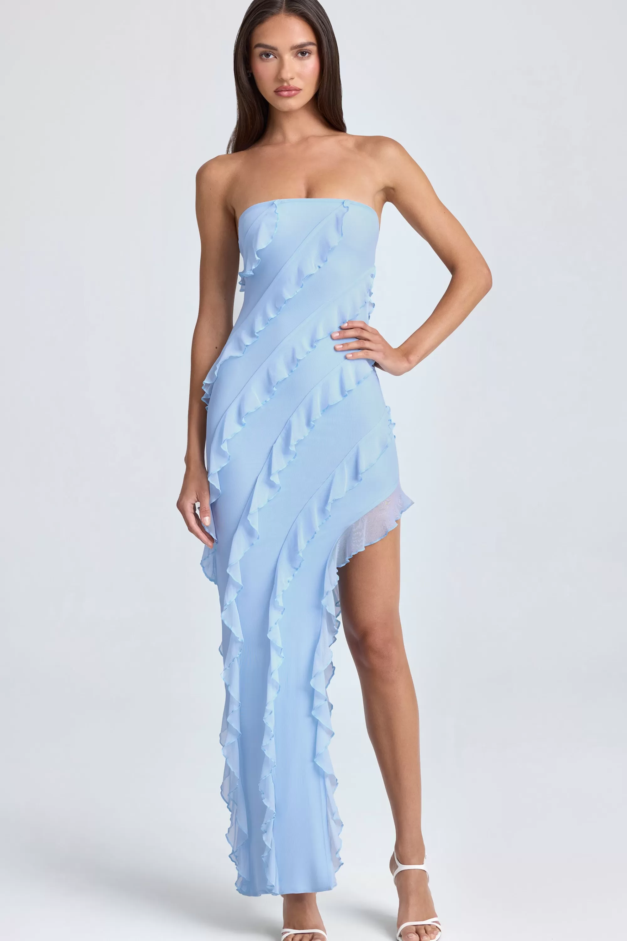 Oh Polly Bandeau Ruffle-Trim Maxi Dress In Powder Blue Powder Blue Shop