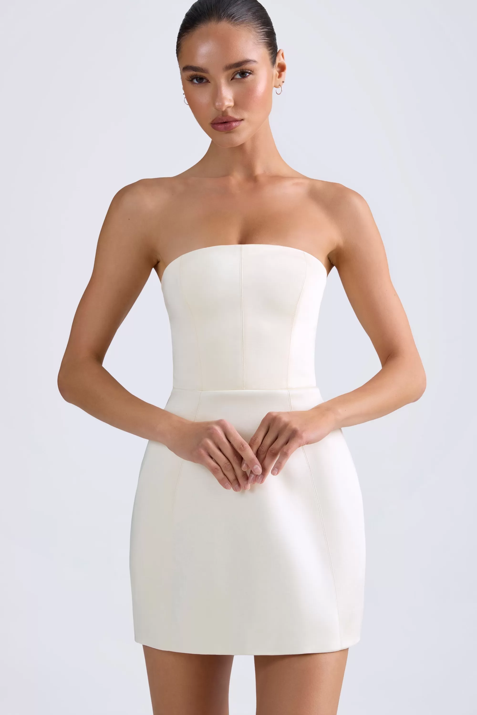 Oh Polly Bandeau Structured Tulip Mini Dress In Ivory Store