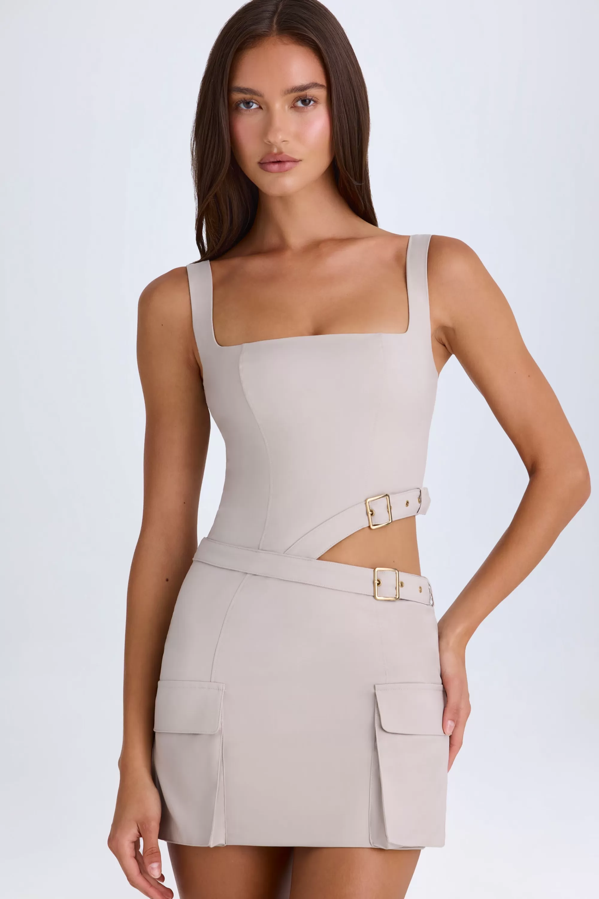 Oh Polly Belted Cut-Out Mini Dress In Taupe Cheap