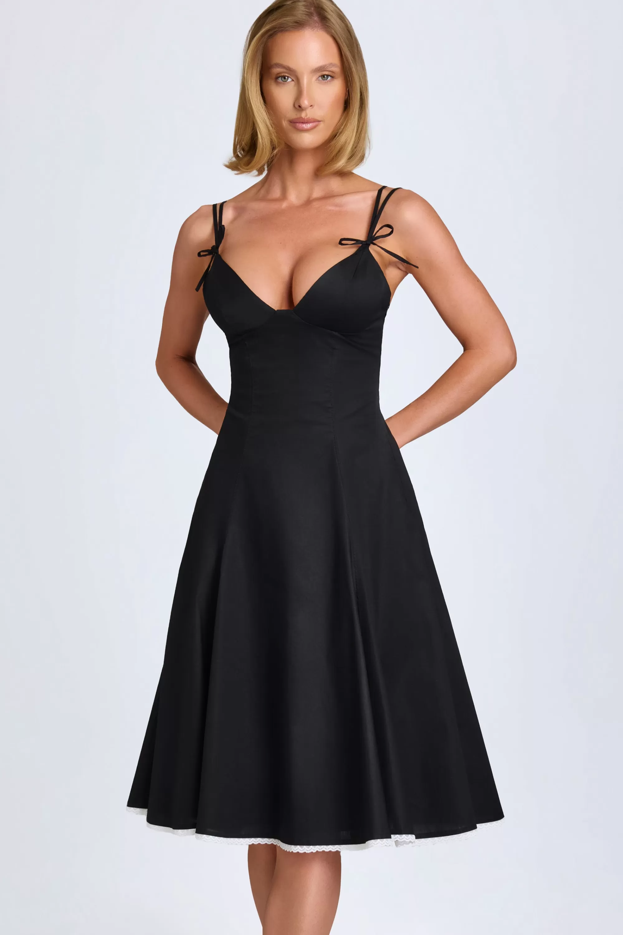 Oh Polly Bow-Detail Lace-Trim A-Line Midi Dress In Black Best Sale