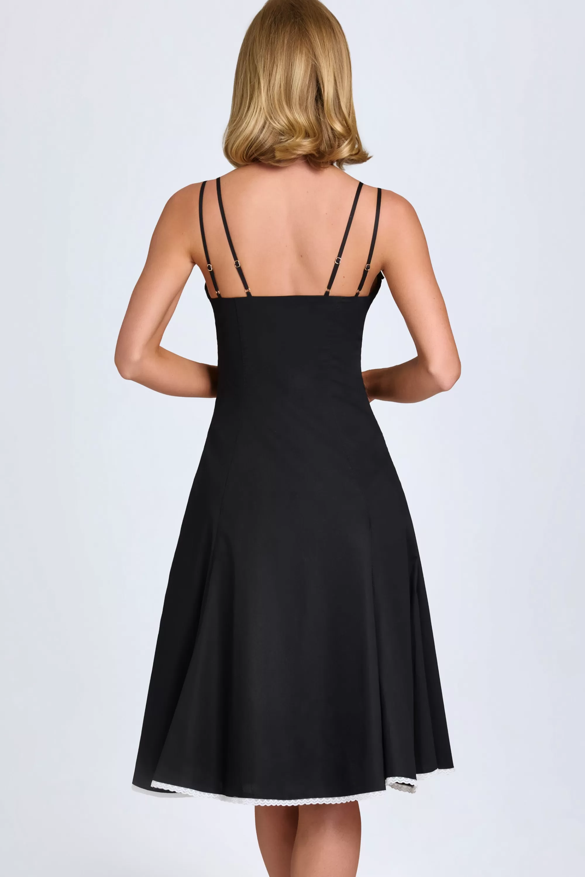 Oh Polly Bow-Detail Lace-Trim A-Line Midi Dress In Black Best Sale