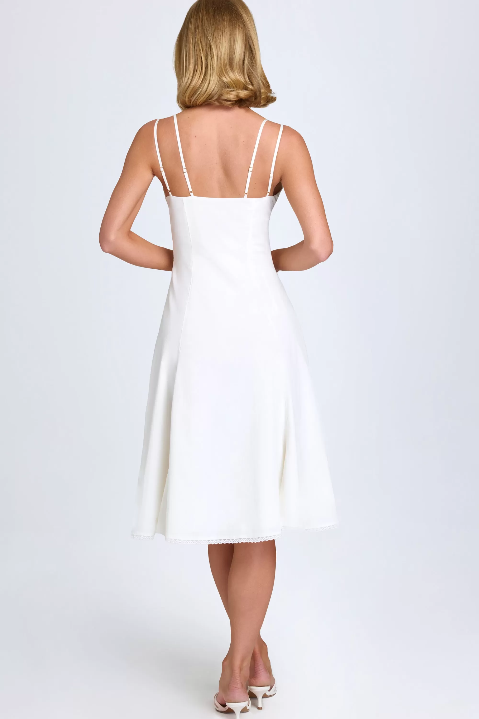 Oh Polly Bow-Detail Lace-Trim A-Line Midi Dress In White Sale