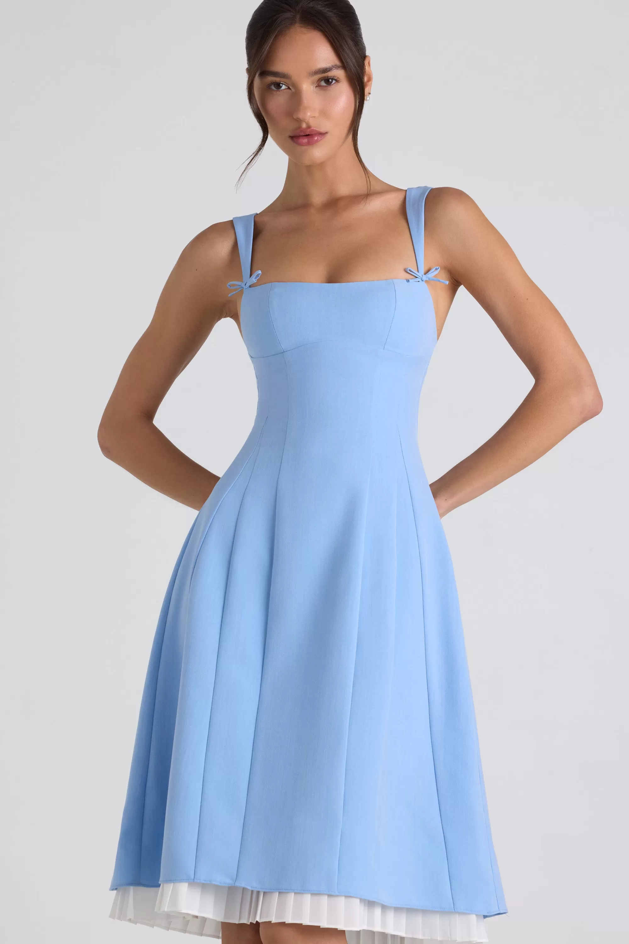 Oh Polly Bow-Detail Pleated A-Line Midi Dress In Sky Blue Discount