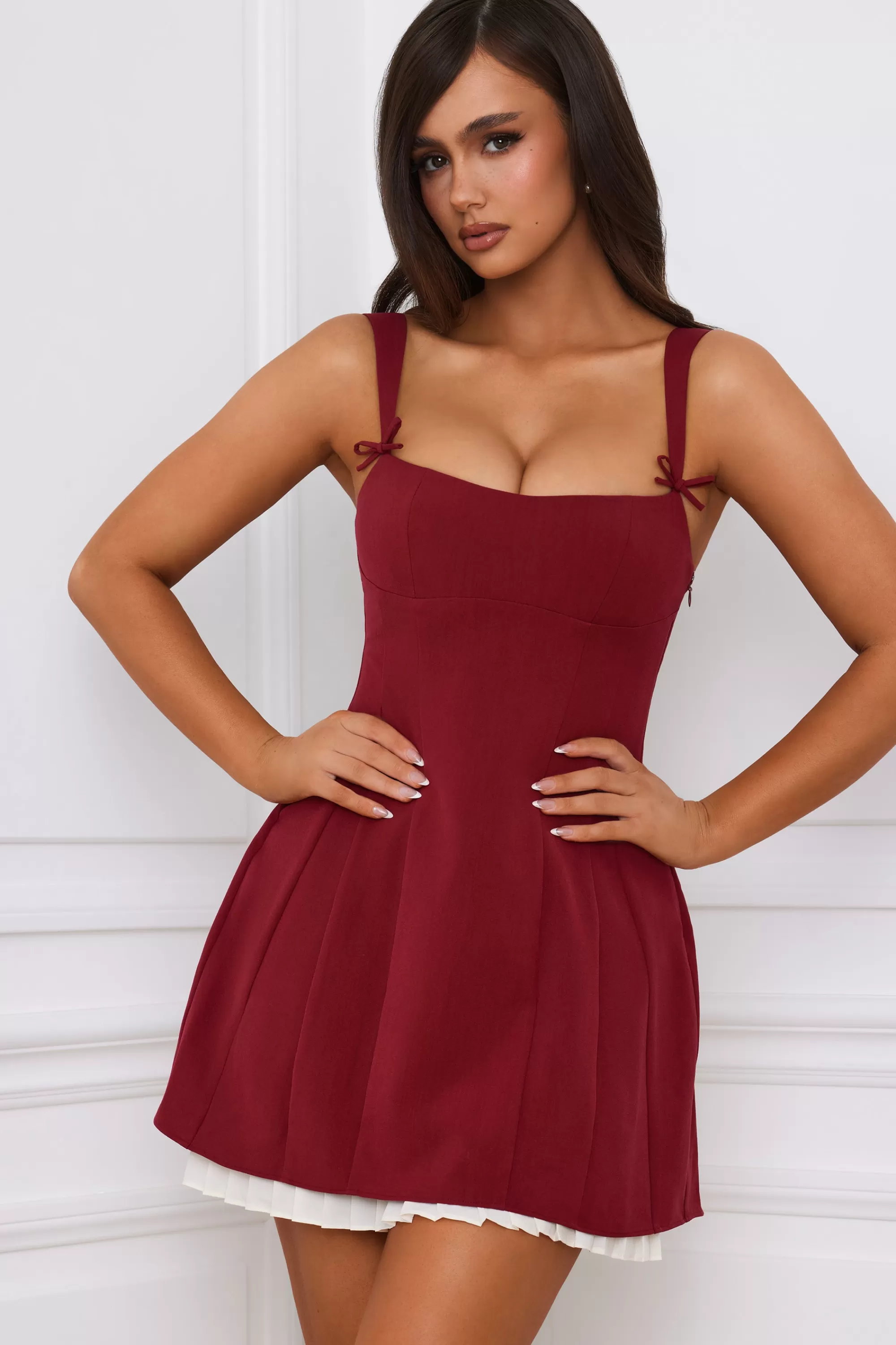 Oh Polly Bow-Detail Pleated A-Line Mini Dress In Berry Red Outlet