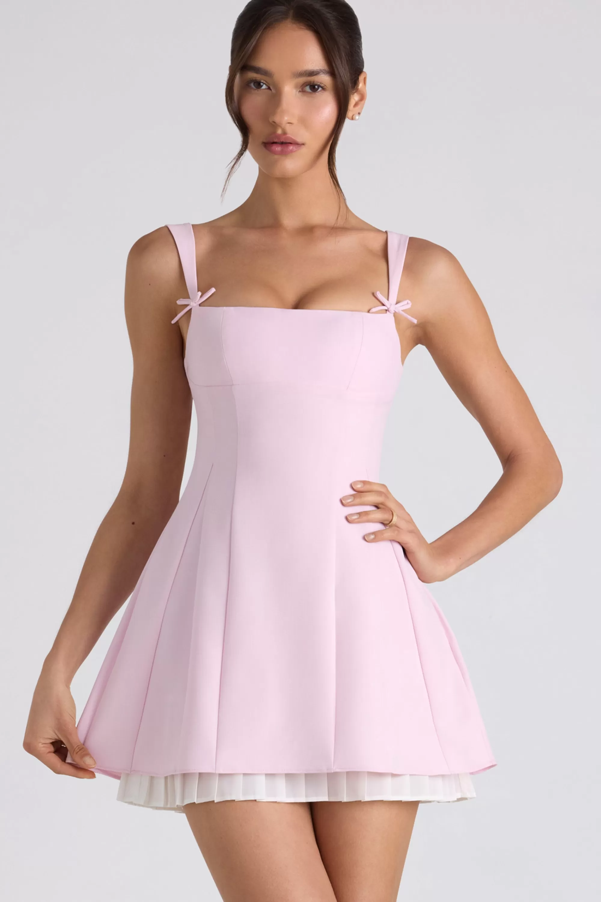 Oh Polly Bow-Detail Pleated A-Line Mini Dress In Soft Pink New