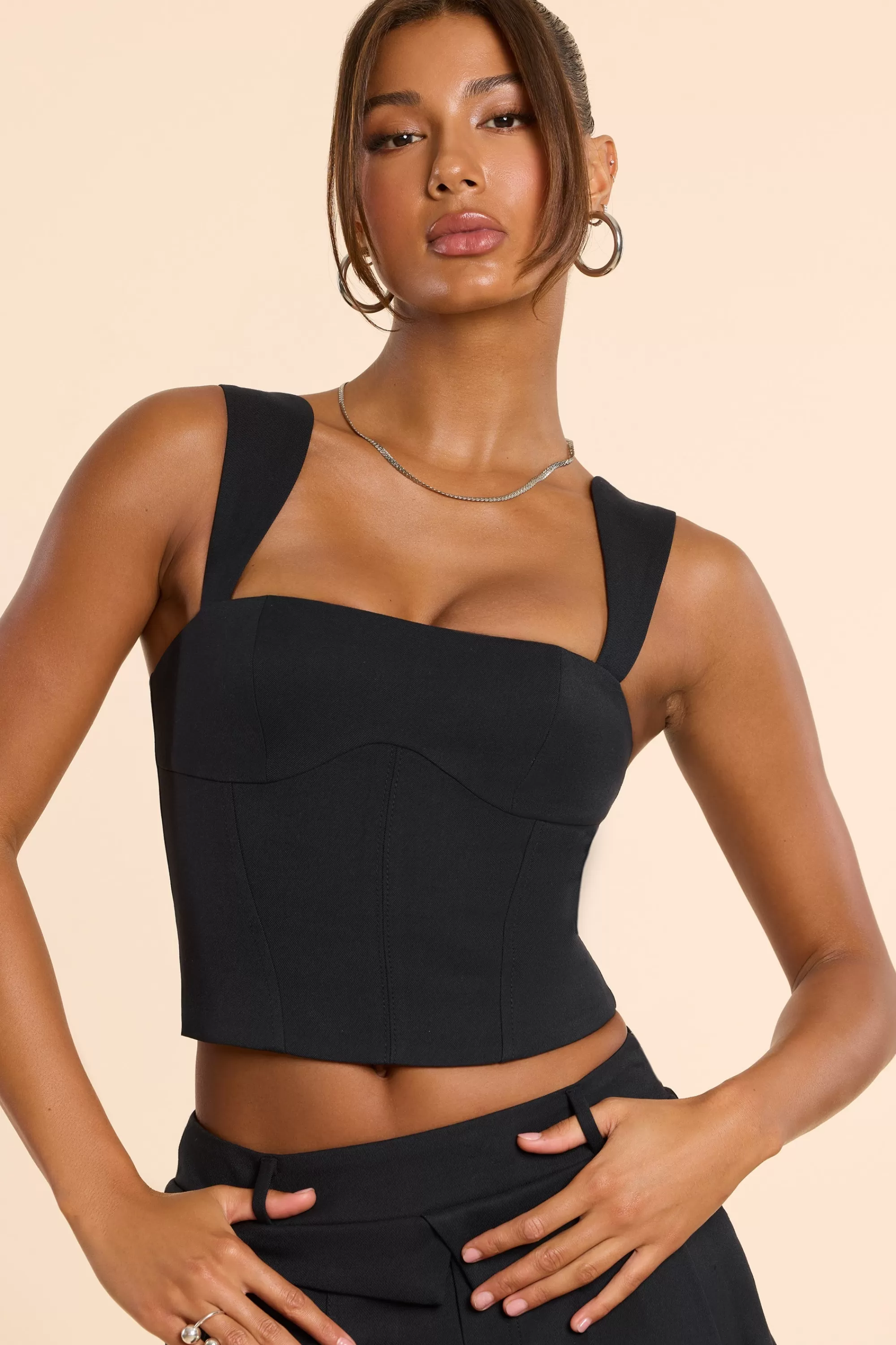 Oh Polly Brushed Twill Square Neck Tailored Top In Black Fashion