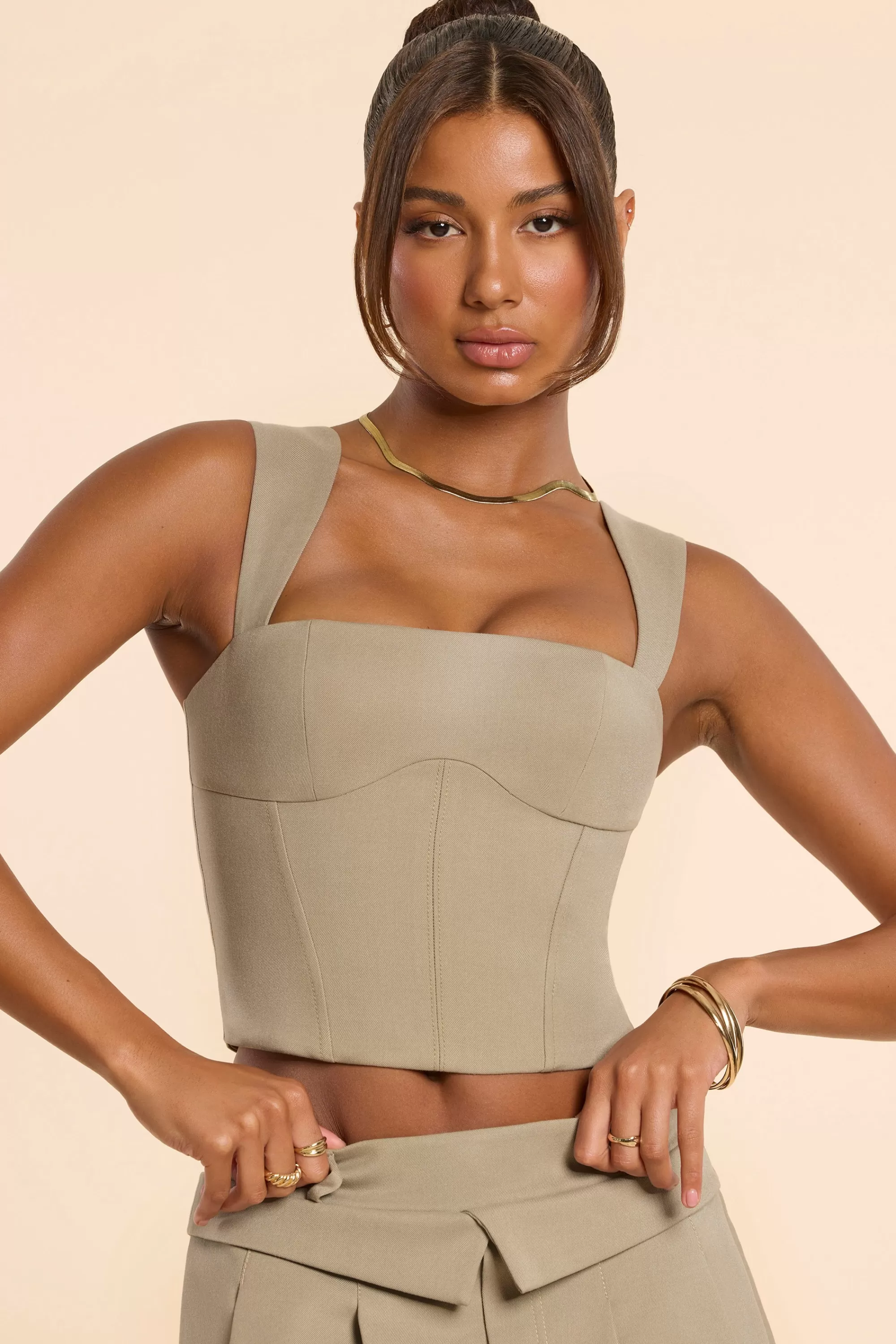 Oh Polly Brushed Twill Square Neck Tailored Top In Taupe Online