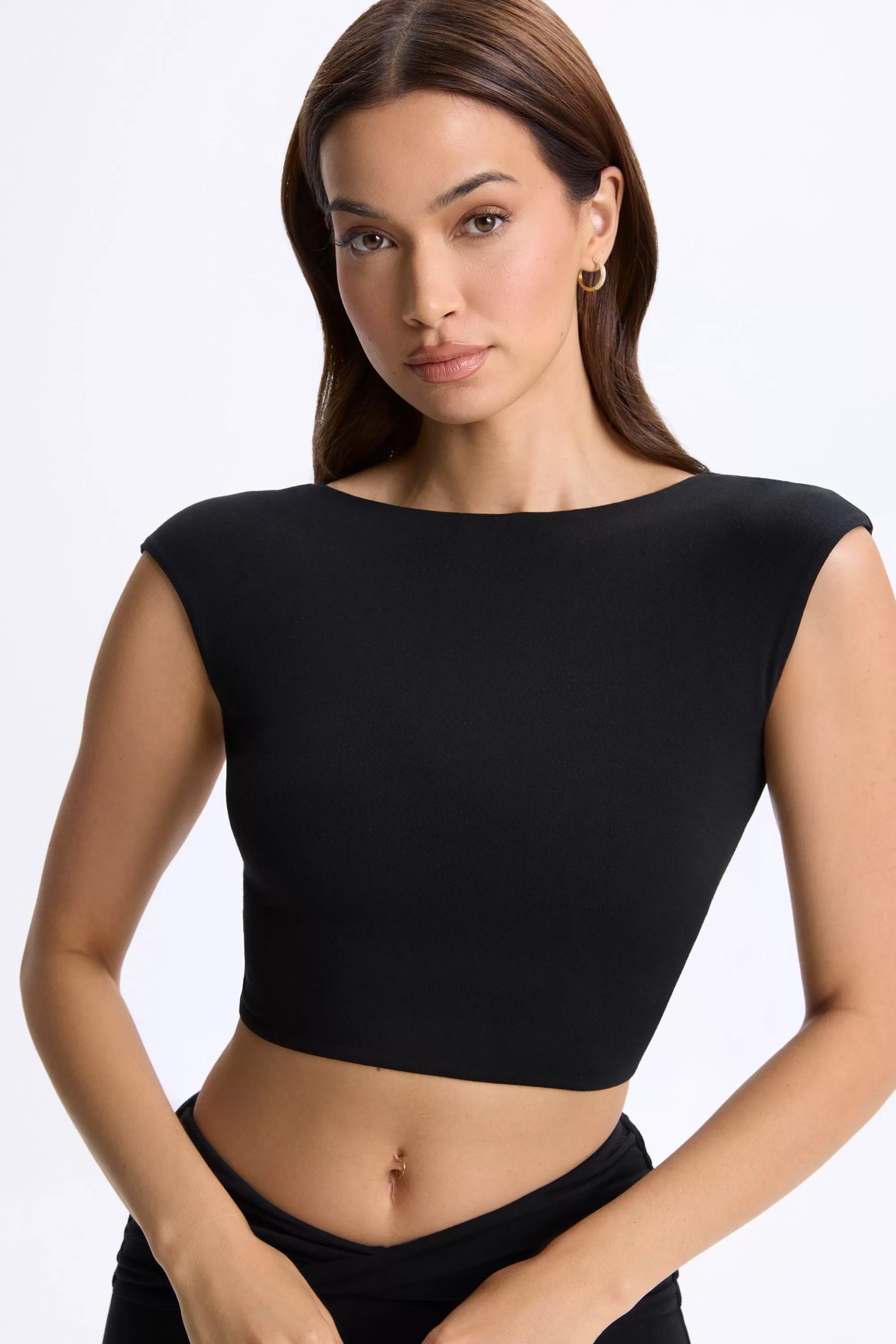 Oh Polly Cap-Sleeve Open-Back Crop Top In Black Shop