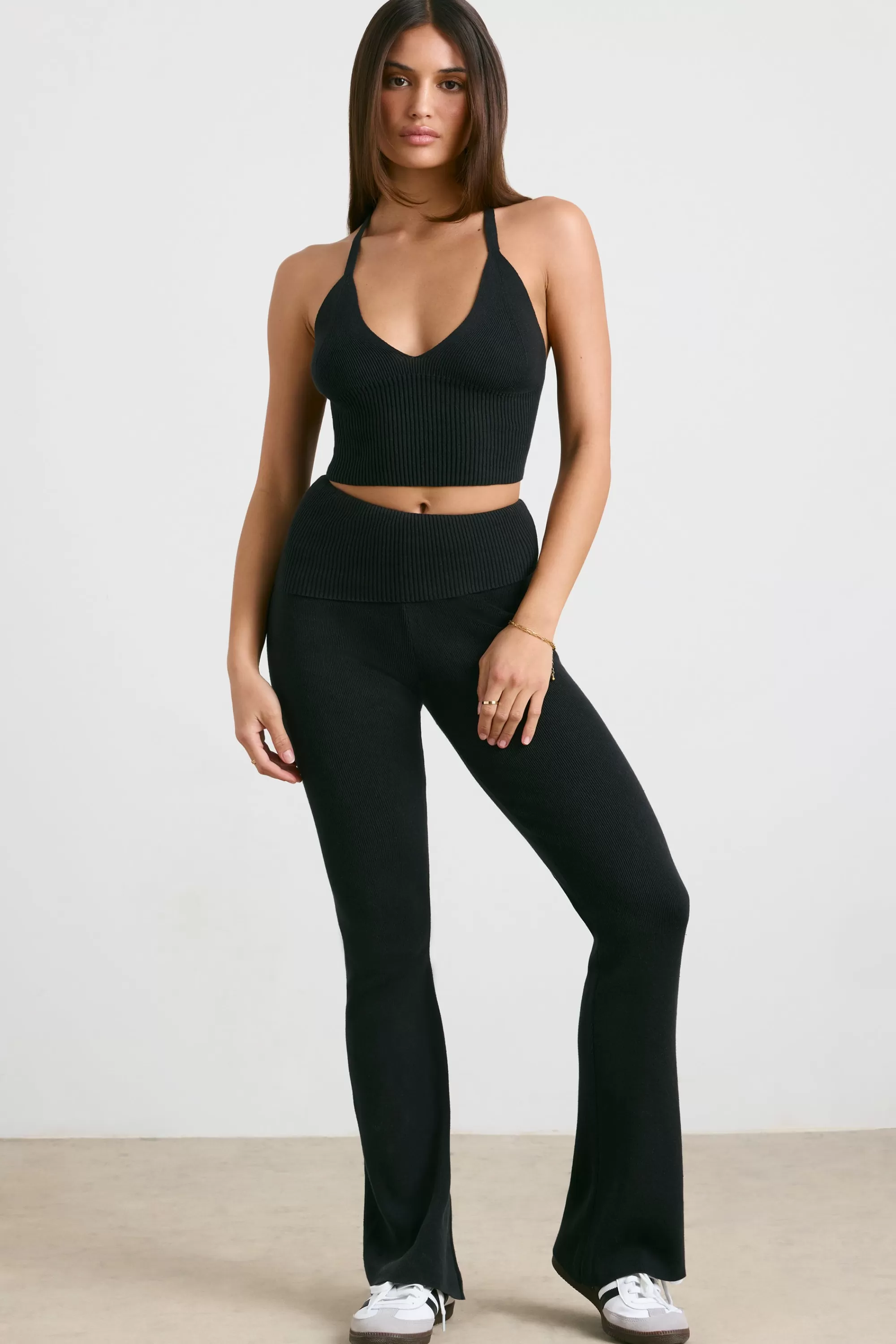 Oh Polly Chunky Knit Kick Flare Trousers In Black Fashion