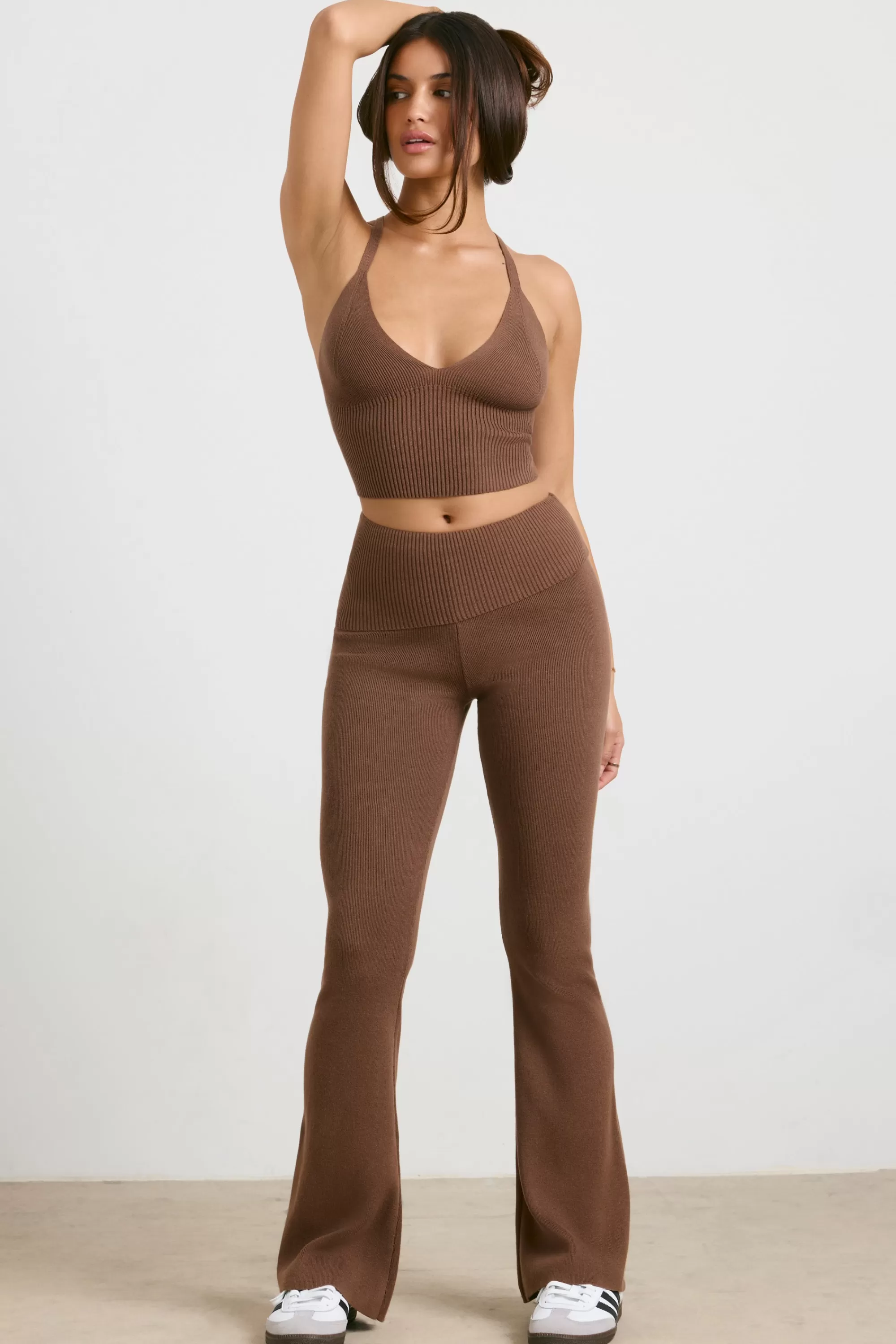 Oh Polly Chunky Knit Kick Flare Trousers In Espresso Cheap