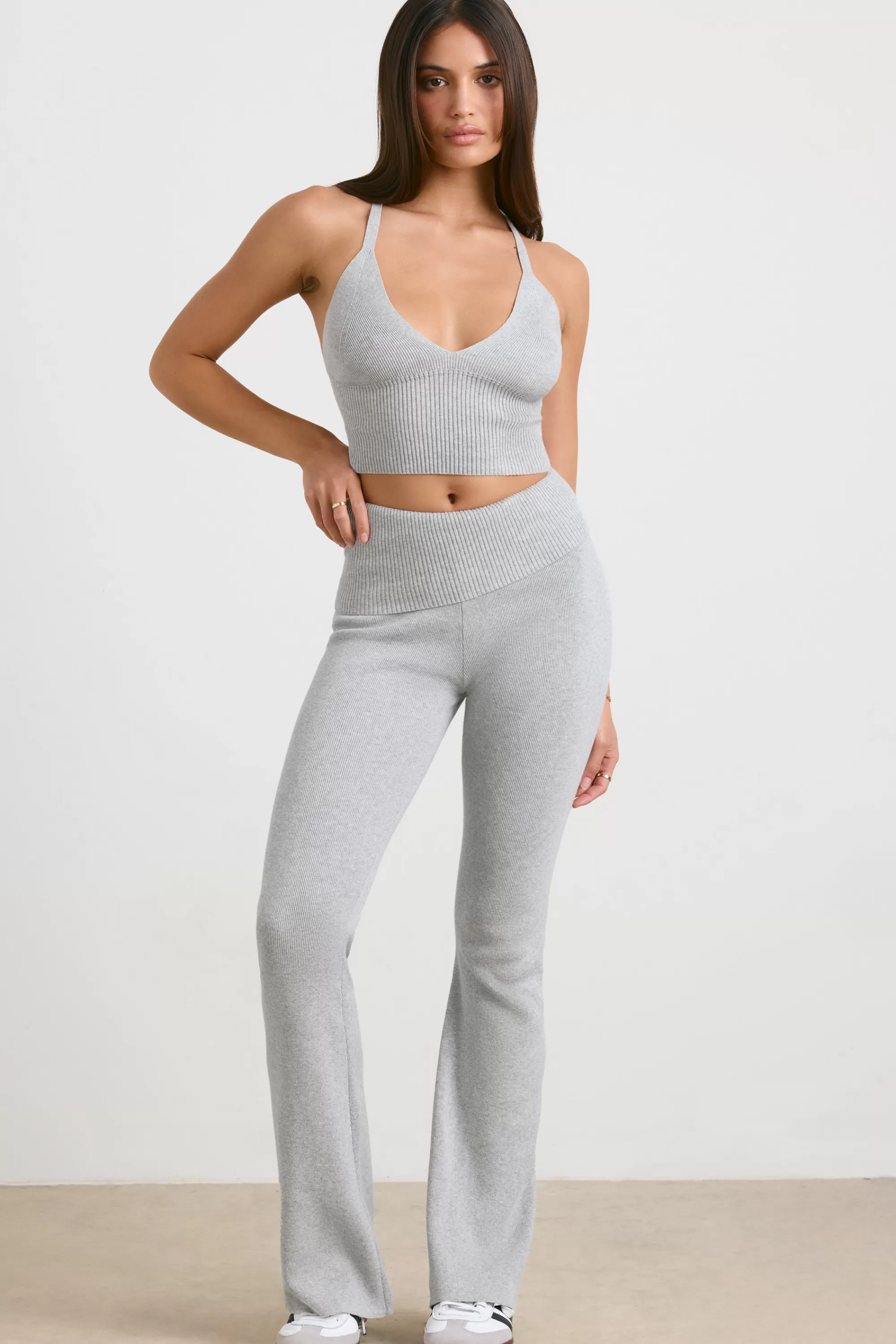 Oh Polly Chunky Knit Kick Flare Trousers In Heather Grey Store