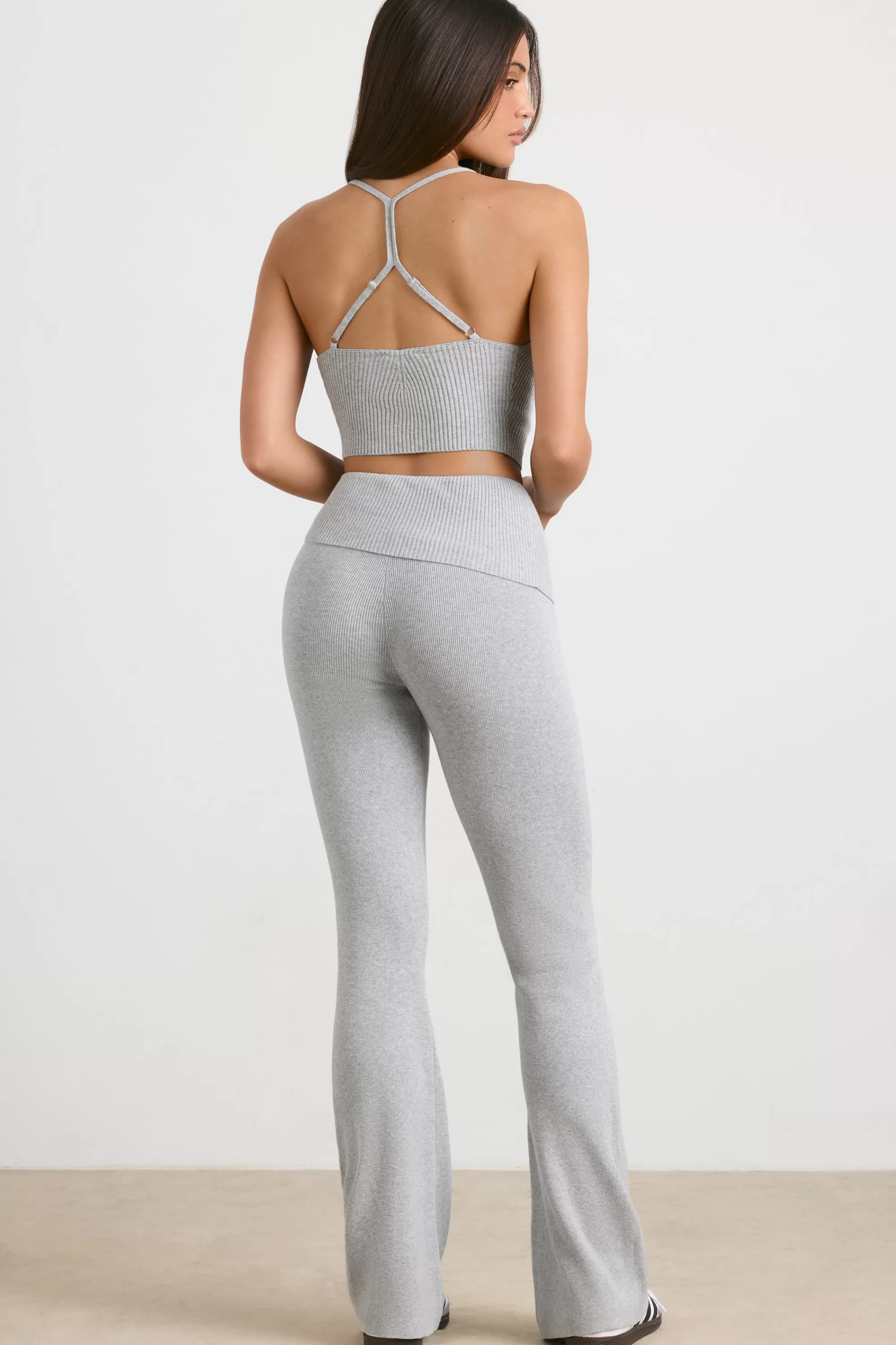 Oh Polly Chunky Knit Kick Flare Trousers In Heather Grey Store