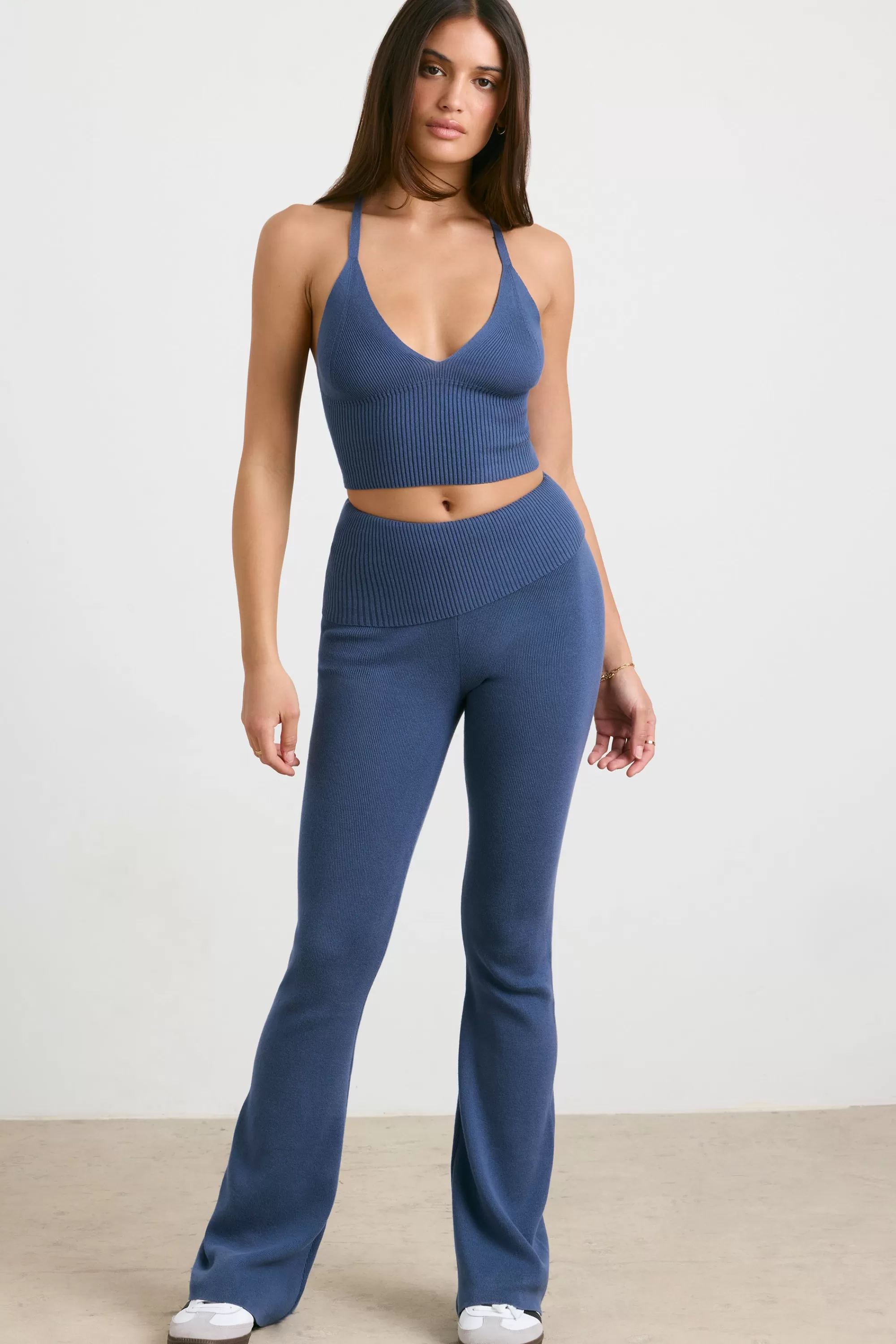 Oh Polly Chunky Knit Kick Flare Trousers In Washed Navy Clearance