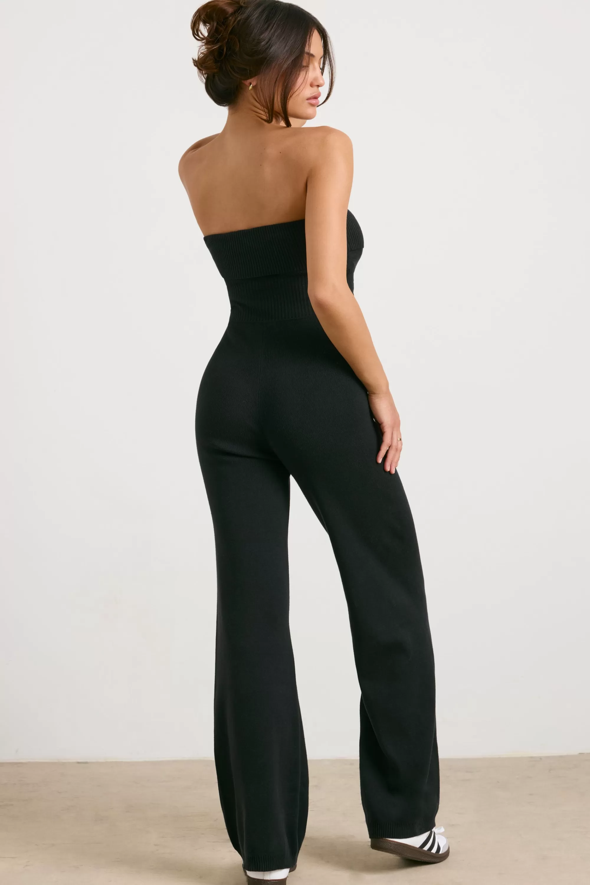 Oh Polly Chunky Knit Kick Flare Unitard In Black Best