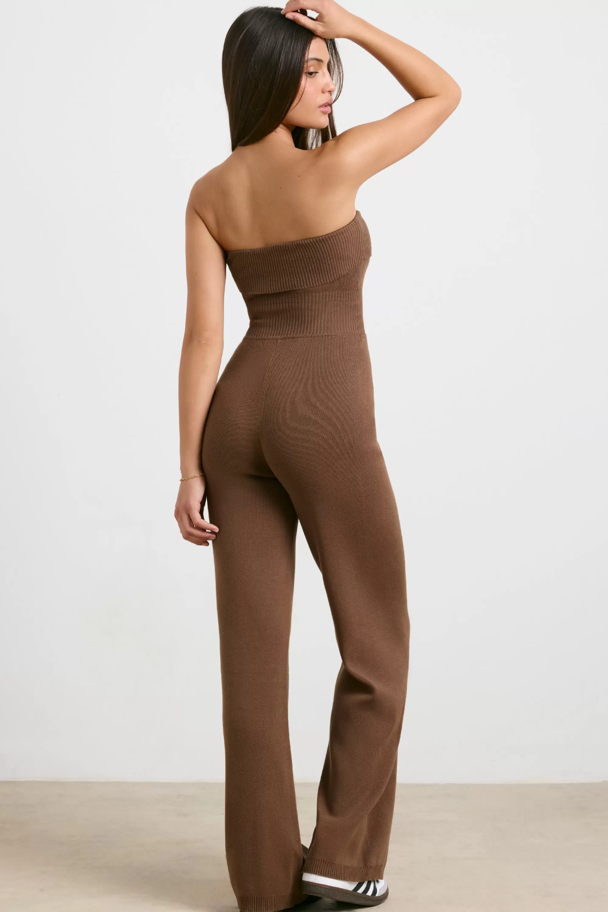 Oh Polly Chunky Knit Kick Flare Unitard In Espresso Cheap