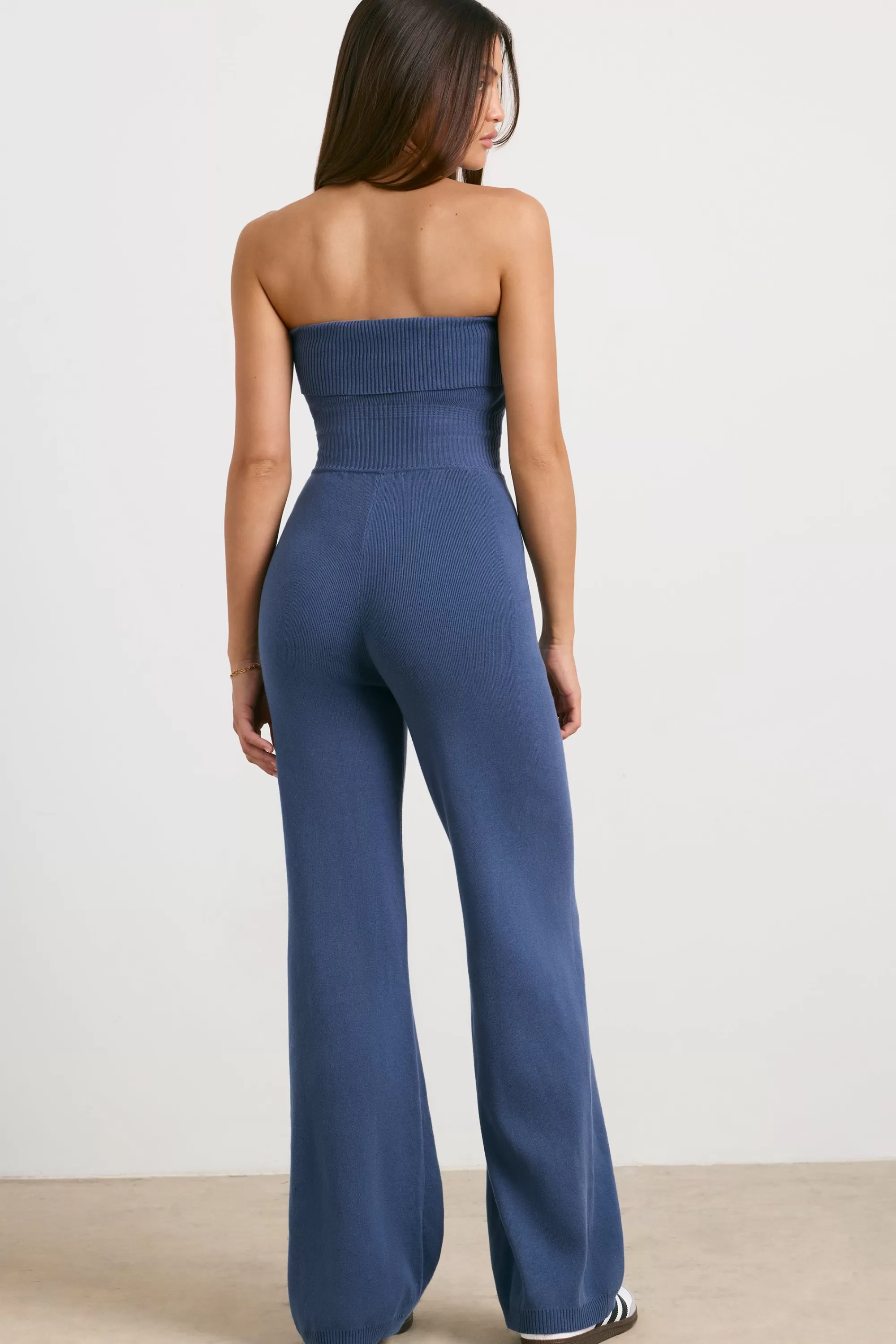 Oh Polly Chunky Knit Kick Flare Unitard In Washed Navy Outlet